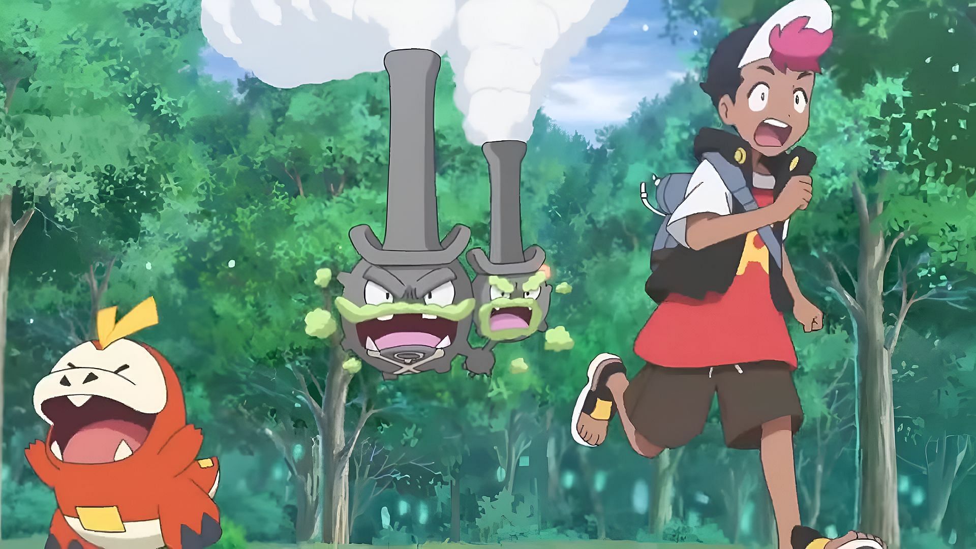 Galarian Weezing chases Roy and Fuecoco in Pokemon Horizons Episode 29. (Image via The Pokemon Company)