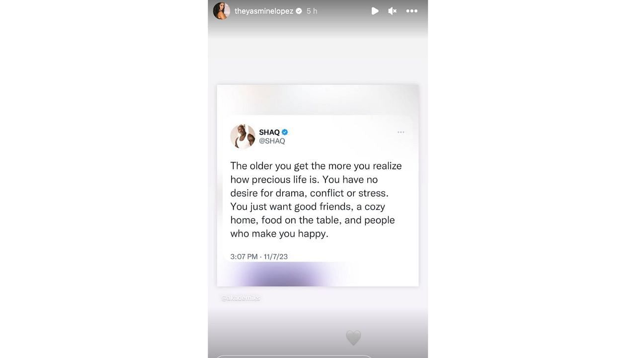 Shaquille O&#039;Neal&#039;s tweet was shared by Yasmine Lopez on her Instagram stories