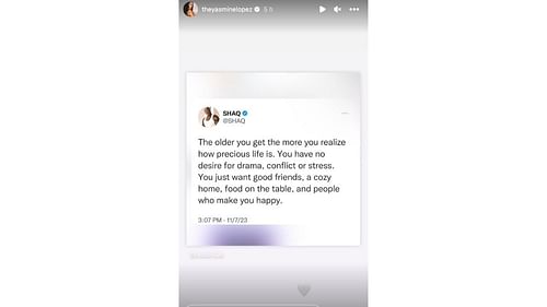 Shaquille O'Neal's tweet was shared by Yasmine Lopez on her Instagram stories