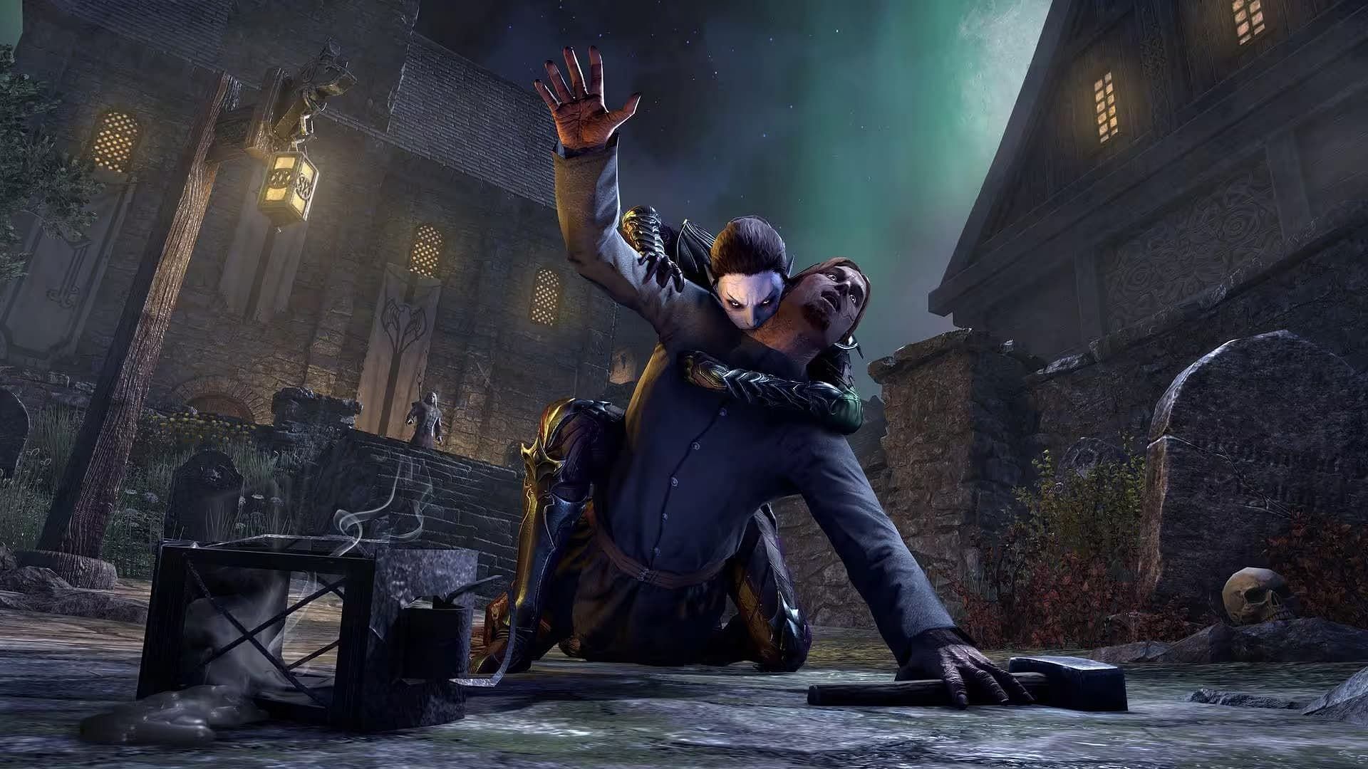 A vampire biting a person in front a castle with skulls in the backdrop in The Elder Scrolls Online