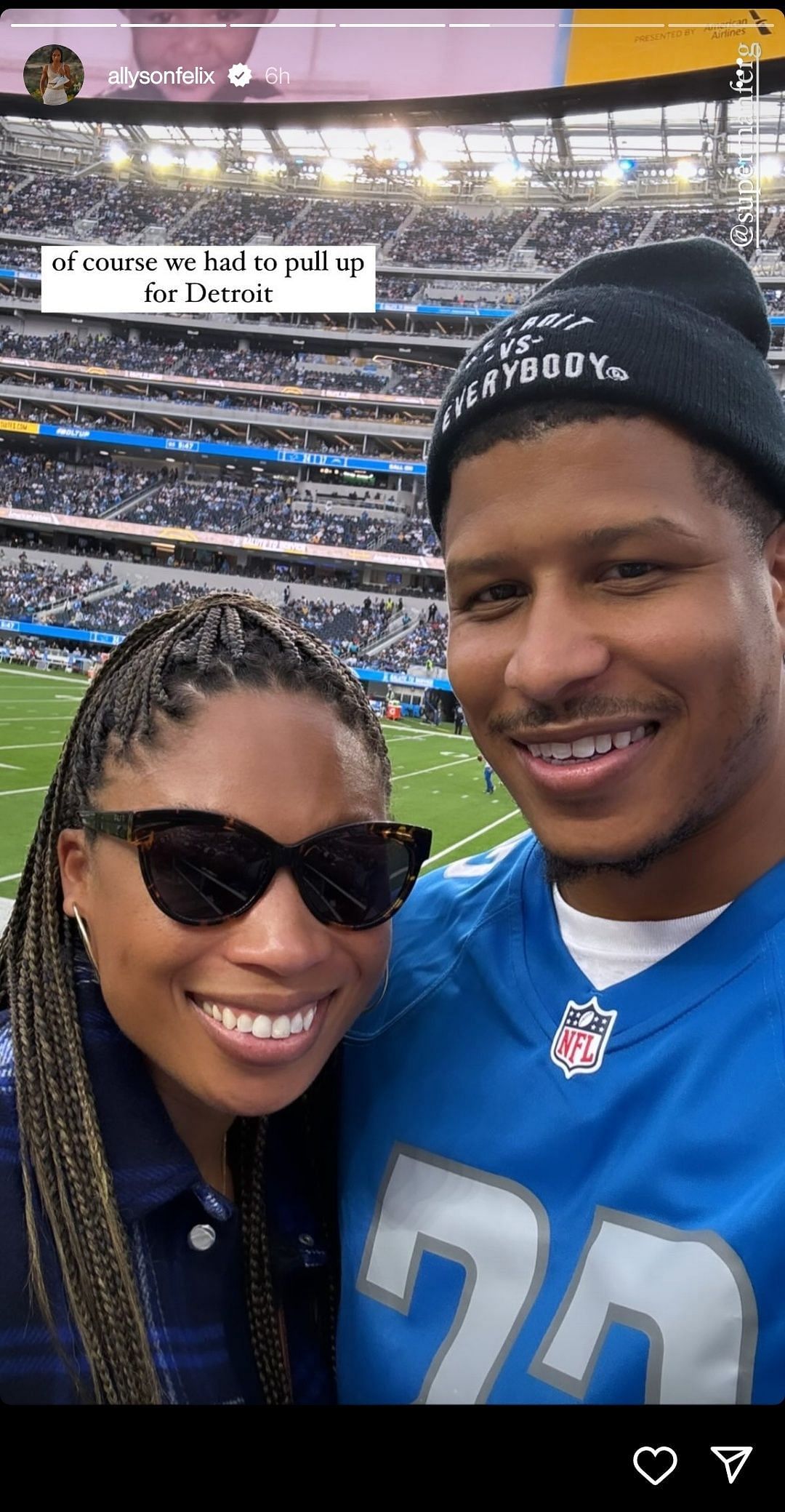 Screenshot of Allyson Felix&#039;s Instagram story attending the NFL clash between the Detroit Lions and Los Angeles Chargers with her husband Kenneth Ferguson. 