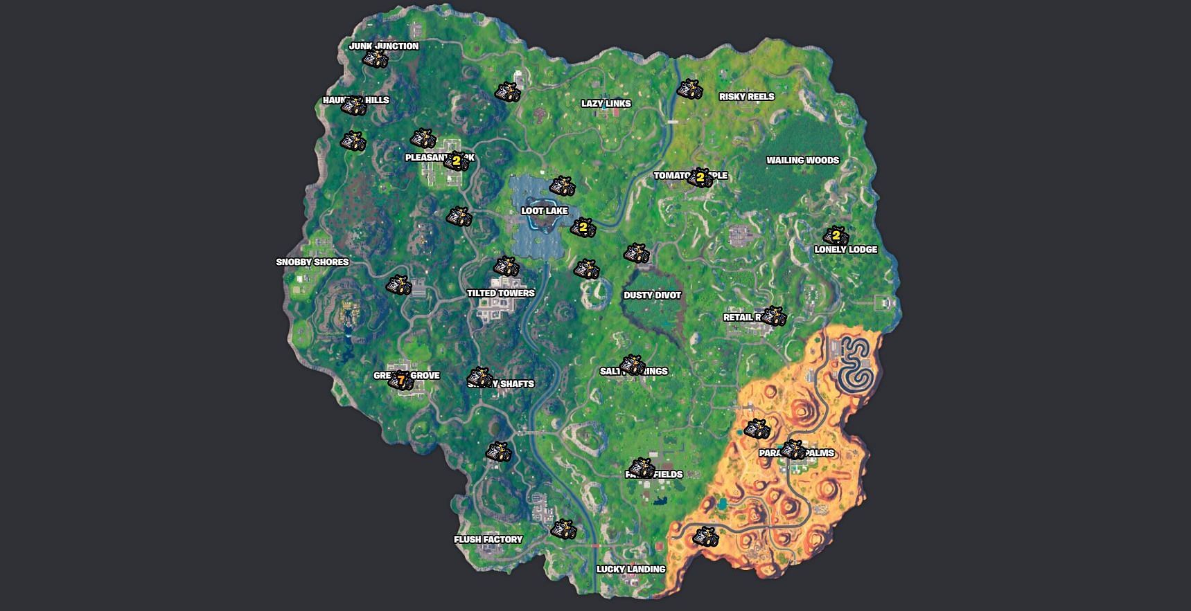 All Quadcrasher locations in Chapter 4 Season 5 (Image via Fortnite.gg)