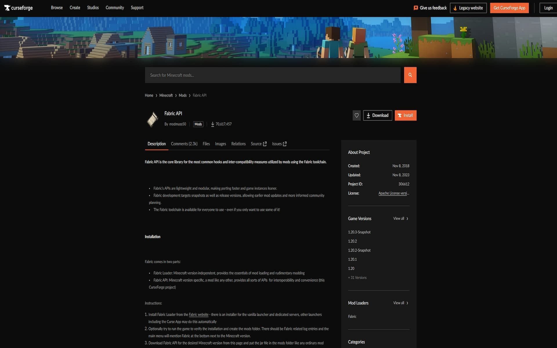 You can head to CurseForge to download the Fabric API (Image via CurseForge)