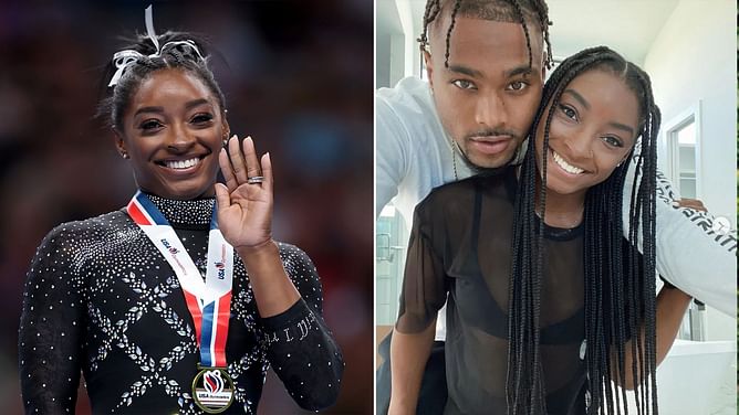 Simone Biles reacts to Green Bay Packers' "Victory Monday" after win over Los Angeles Rams