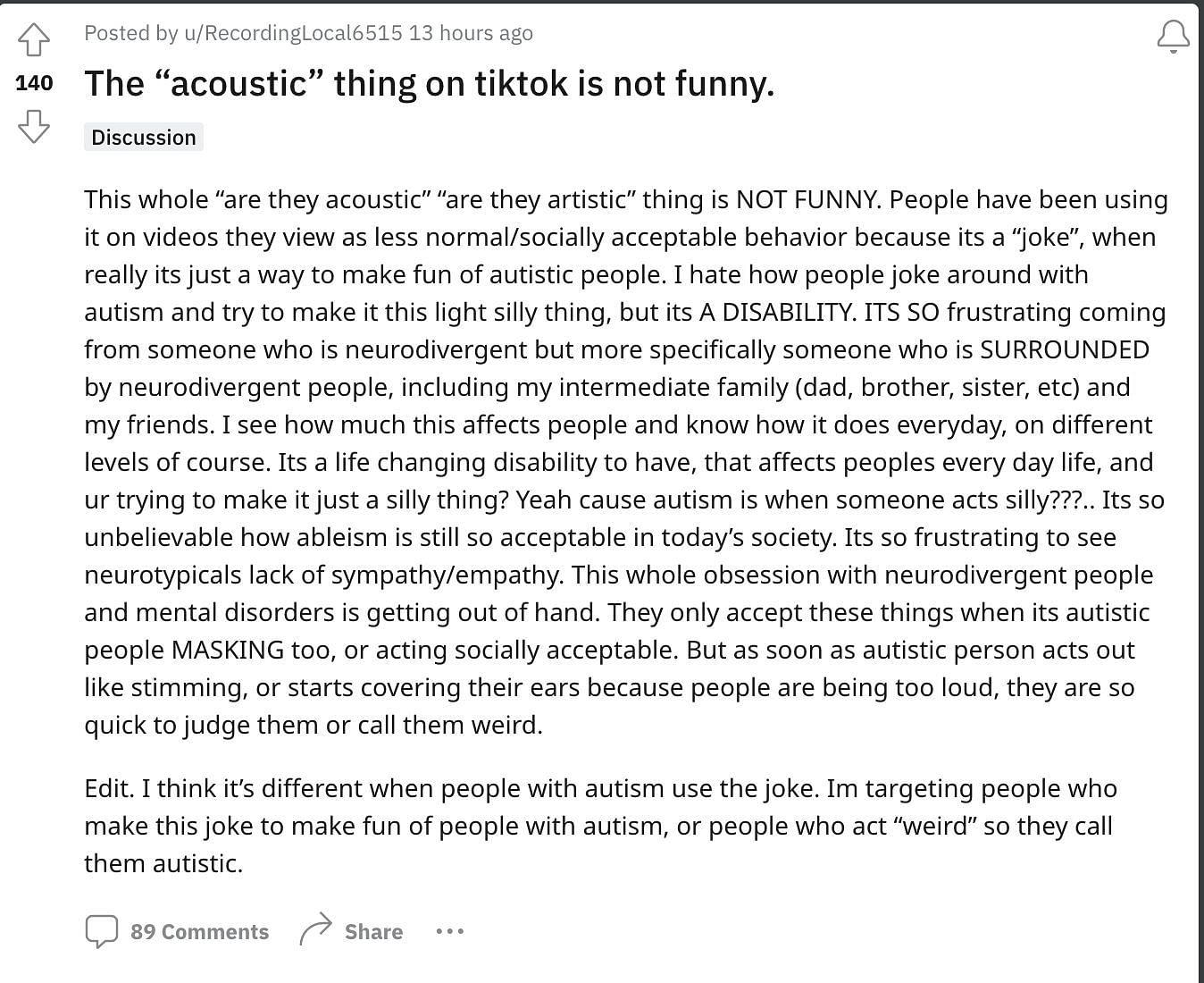 Social media users speak out against the TikTok trend as many claimed that it makes fun of autistic people. (Image via Reddit)