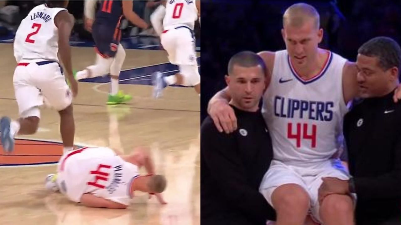 Mason Plumlee was carried by trainers after suffering an injury against the New York Knicks.
