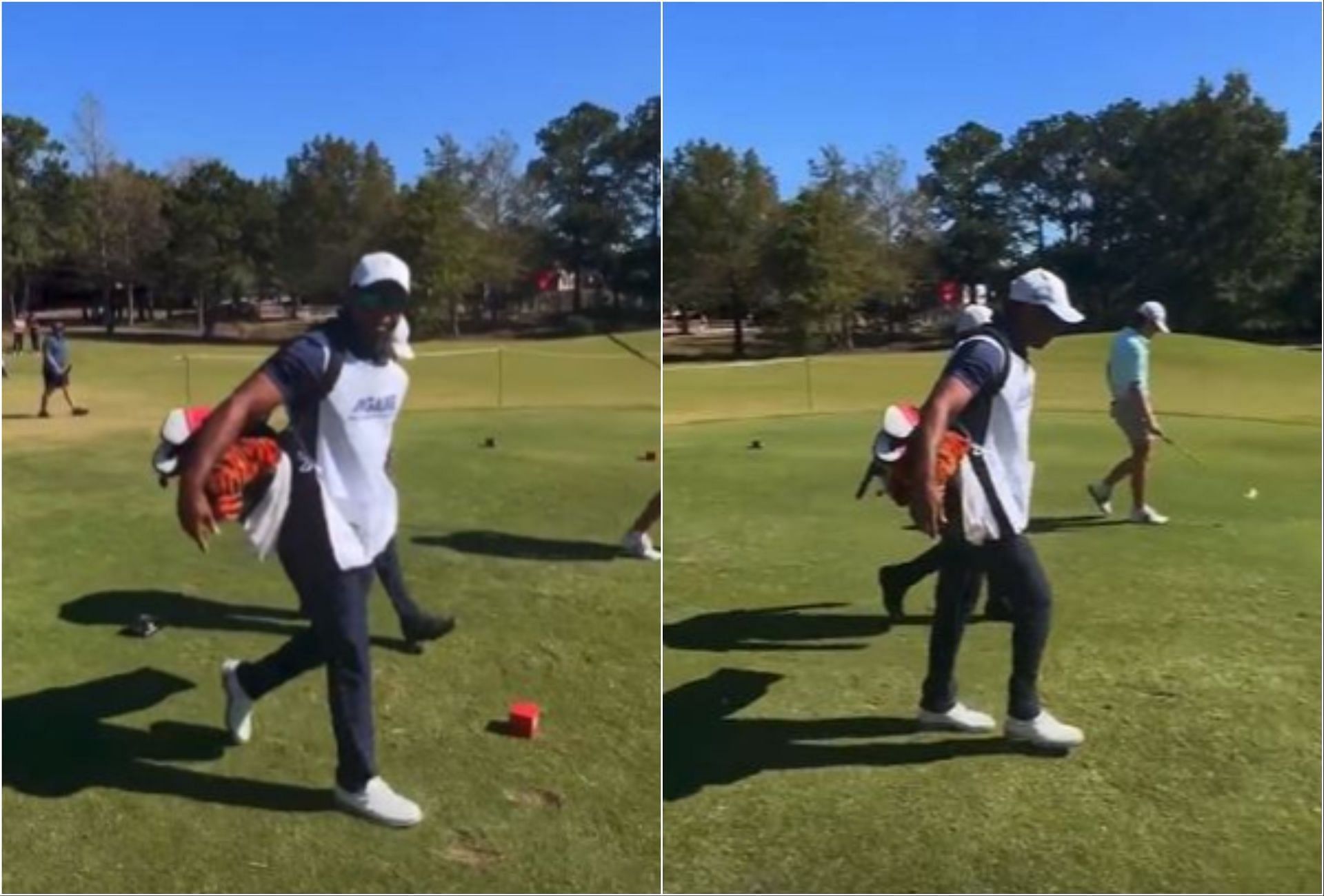 Tiger Woods caddying for his son Charlie Woods (via X/@TWlegion)