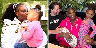 Serena Williams' daughter Olympia playfully steers sister Adira's stroller backwards as toddler rocks stylish red sunglasses