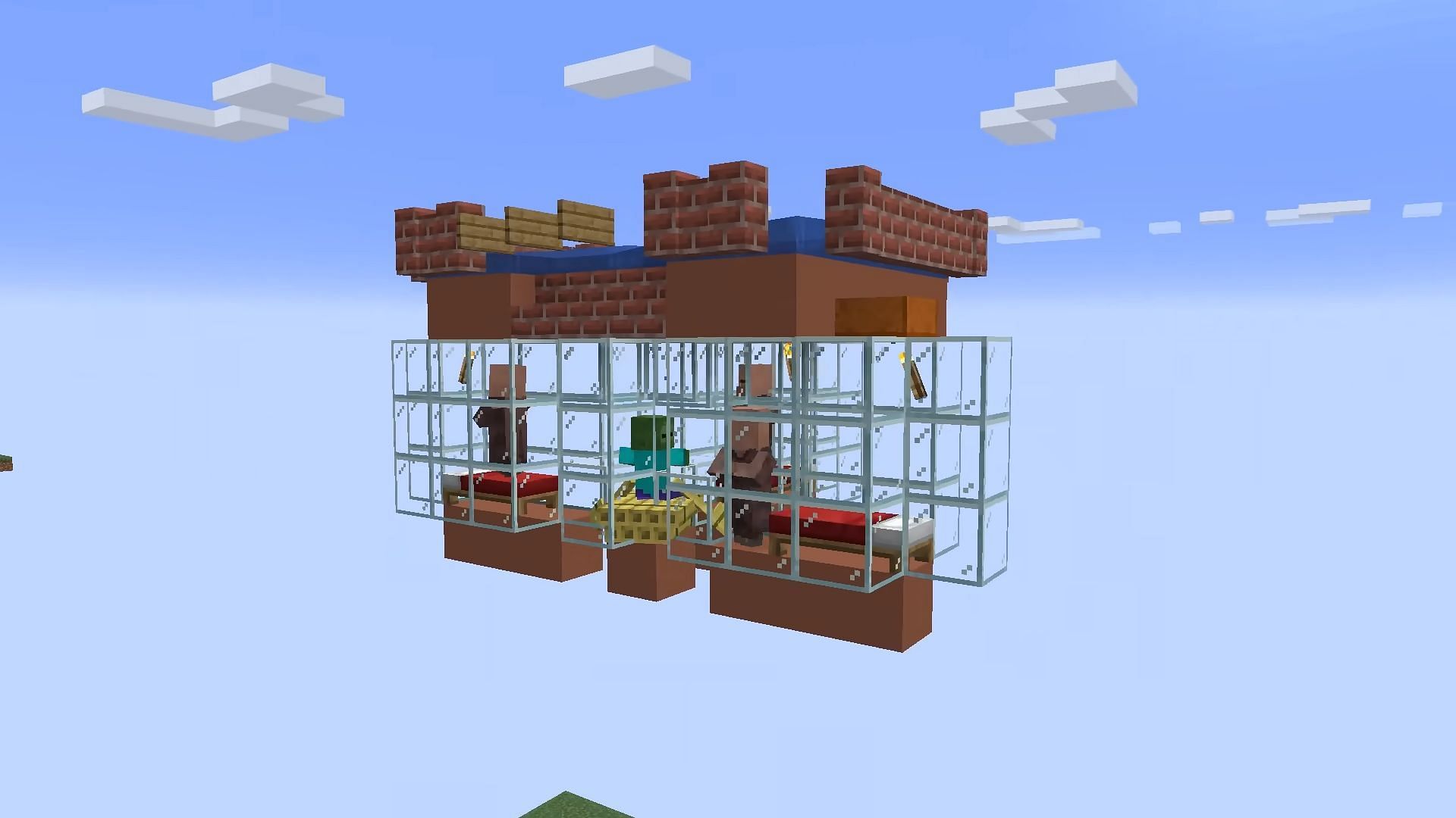 Simple iron farm made with three villagers and a zombie in Minecraft 1.20 (Image via YouTube/wattles)
