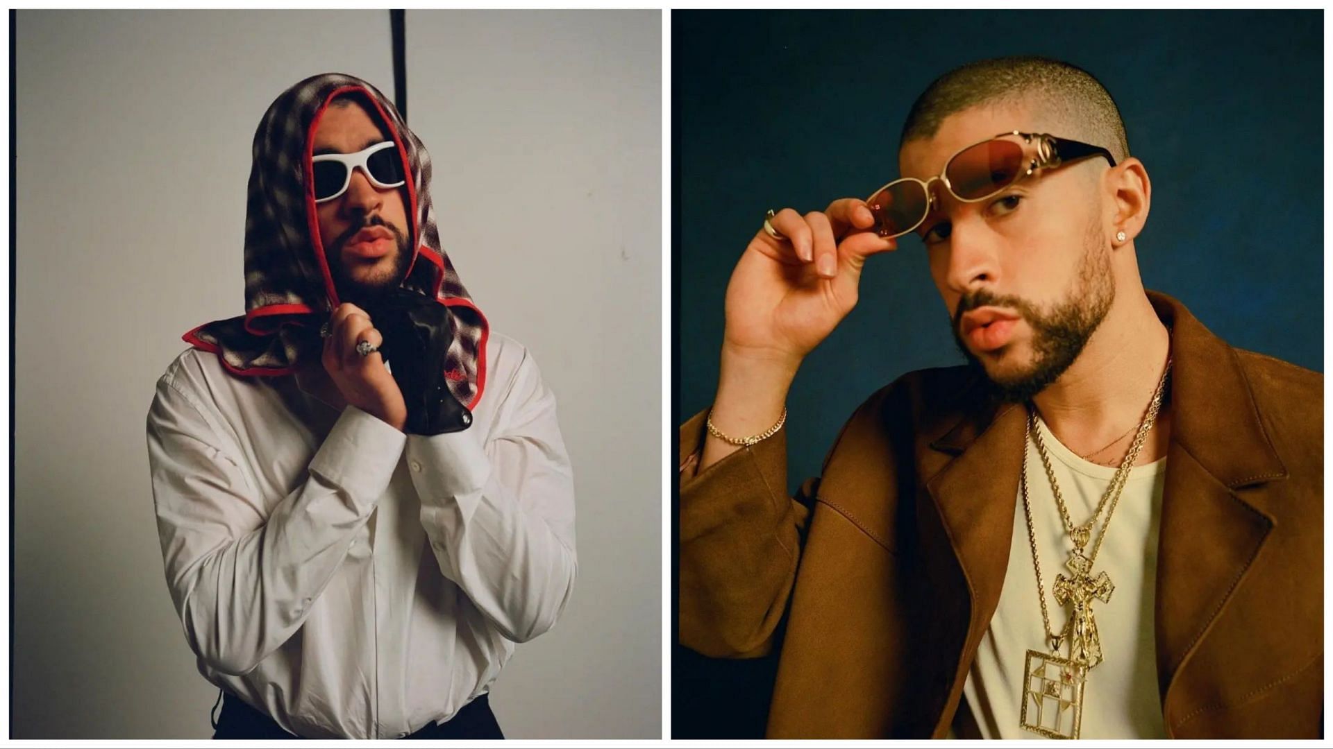 Two portraits of Bad Bunny (images via fan Instagram @badbunnyfansglobal)