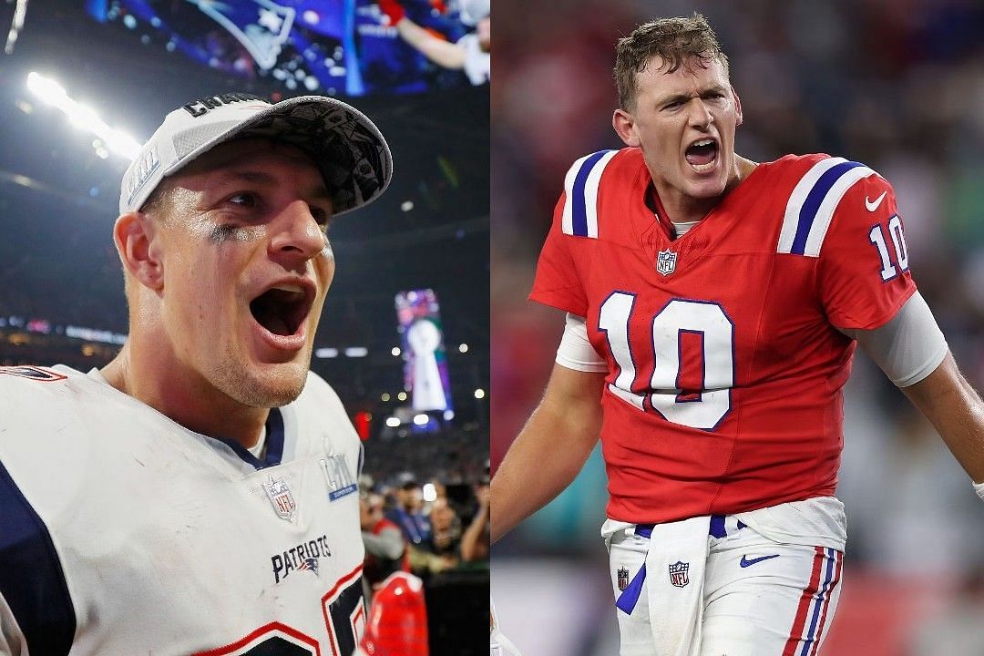 Rob Gronkowski, left, Mac Jones, right