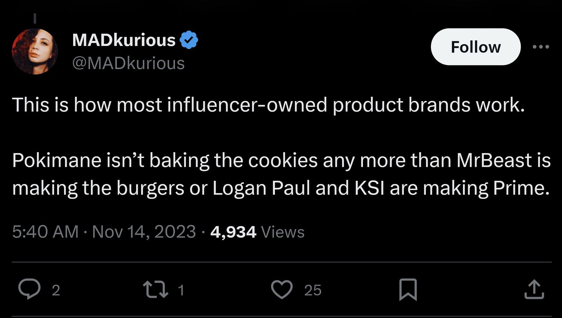 An X user&#039;s comment, in which they discussed influencer-owned brands and how they work (Image via @FearedBuck/X)