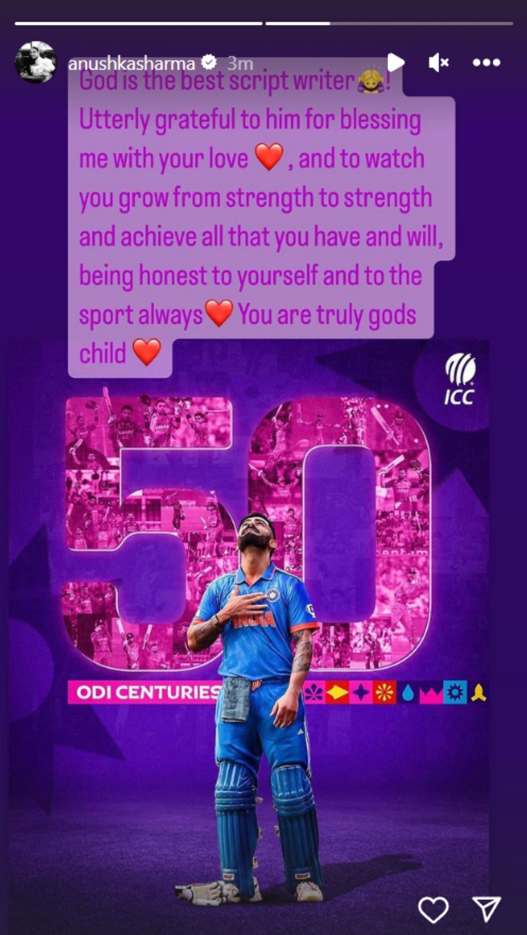 Anushka Sharma's Instagram story after Kohli's century on Wednesday.