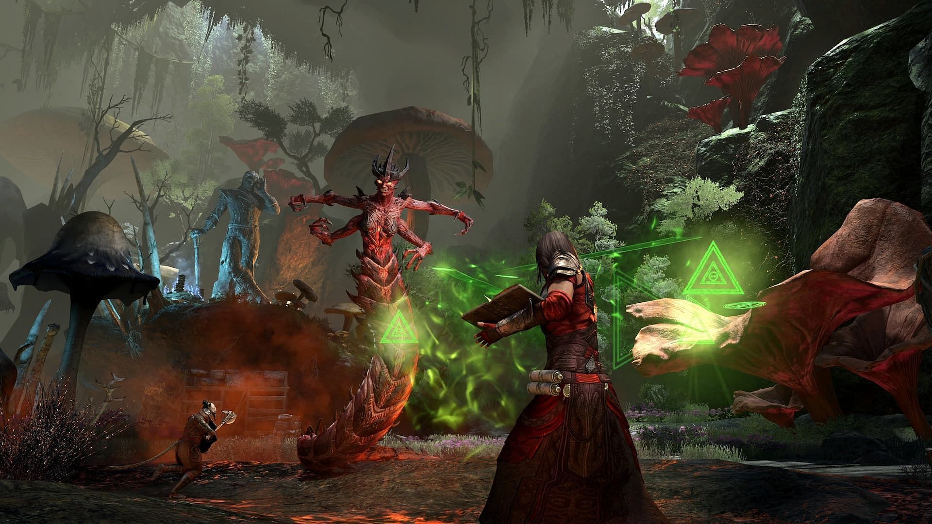 Arcanist mage and a Khajit tank battling a demon boss in The Elder Scrolls Online