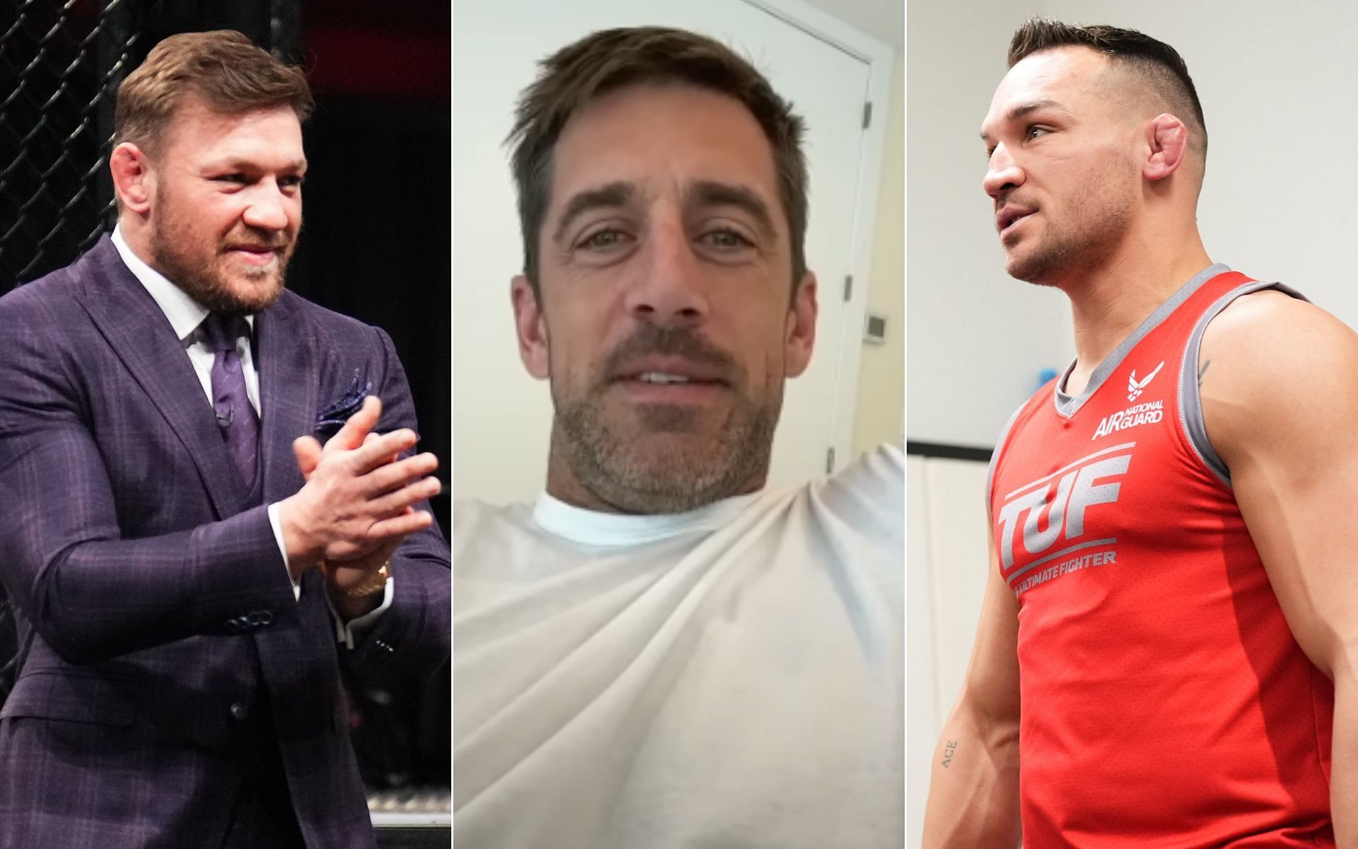 Conor McGregor [Left], Aaron Rodgers [Middle], and Michael Chandler [Right] [Photo credit: @UltimateFighter - X, and The Pat McAfee Show - YouTube]