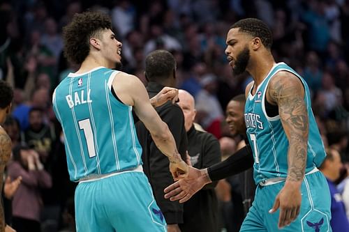 Charlotte Hornets star point guard LaMelo Ball and Hornets forward Miles Bridges