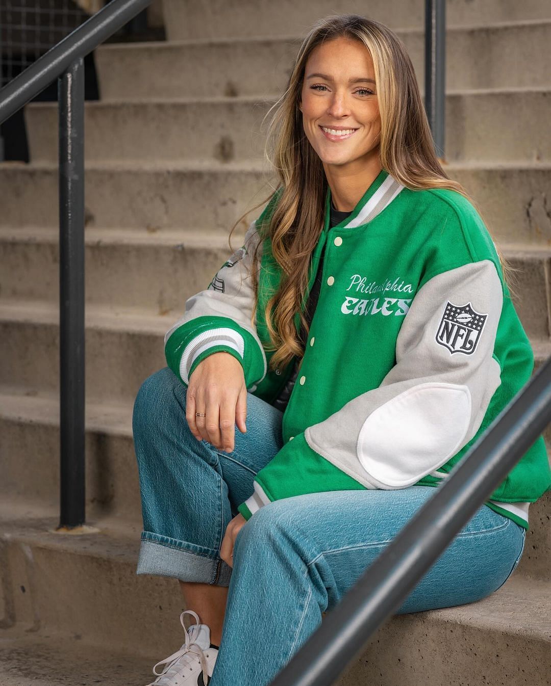 The Eagles vintage jacket modeled by Kylie Kelce