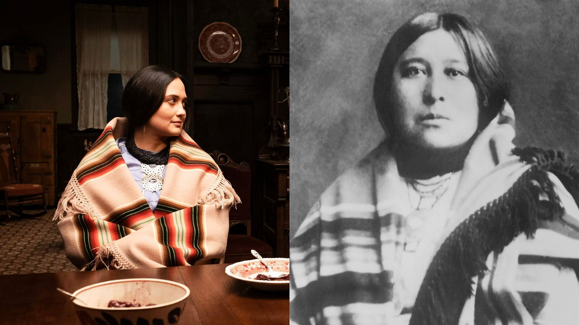 (R) The real Mollie and her (L) on-screen version played by Lily Gladstone (Image via Apple TV+ and Doubleday)