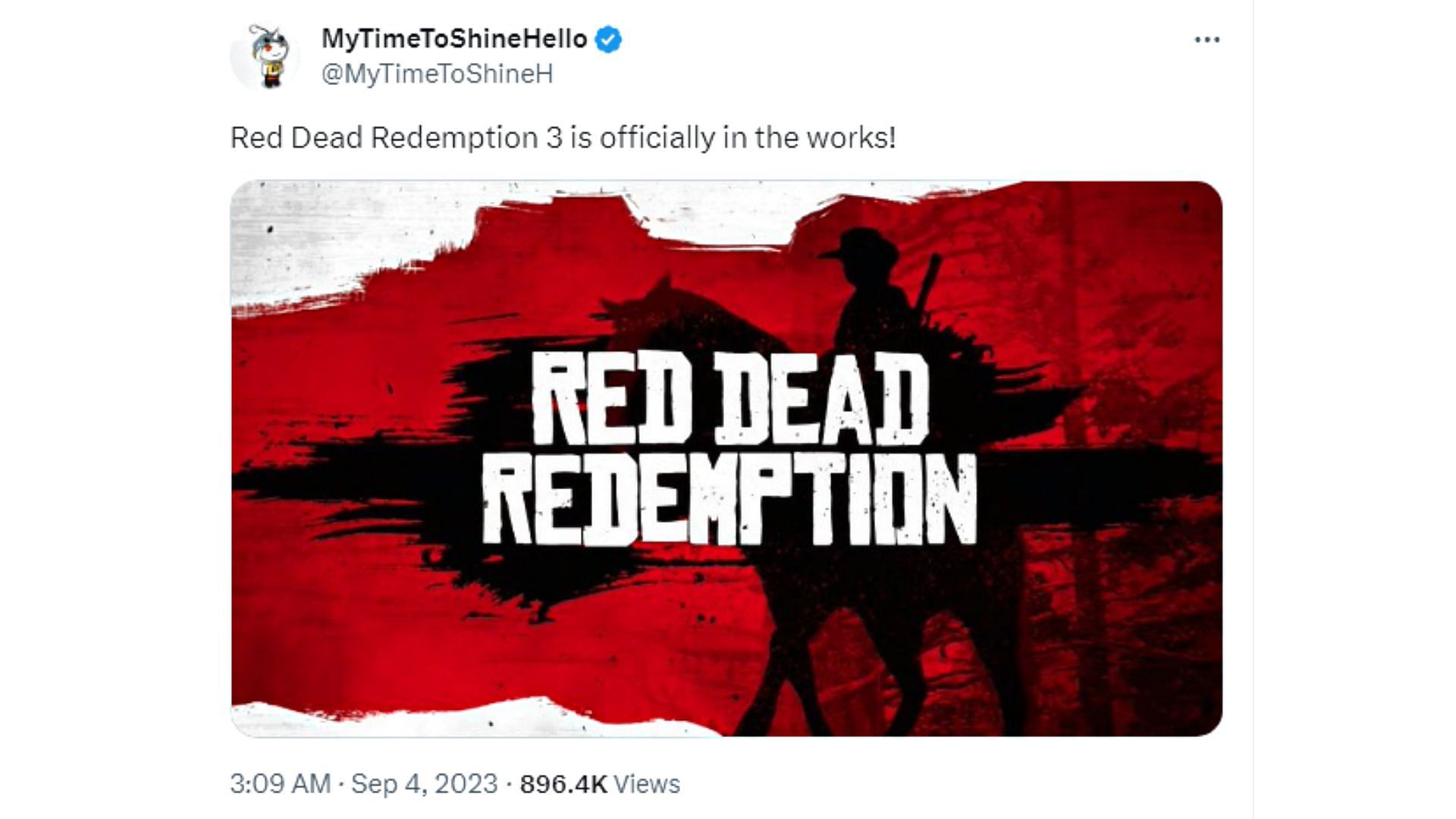 Leaker MyTimeToShineHello claims that Red Dead Redemption 3 is in the works, but Rockstar hasn&#039;t confirmed it officially (Image via X/@MyTimeToShineH)