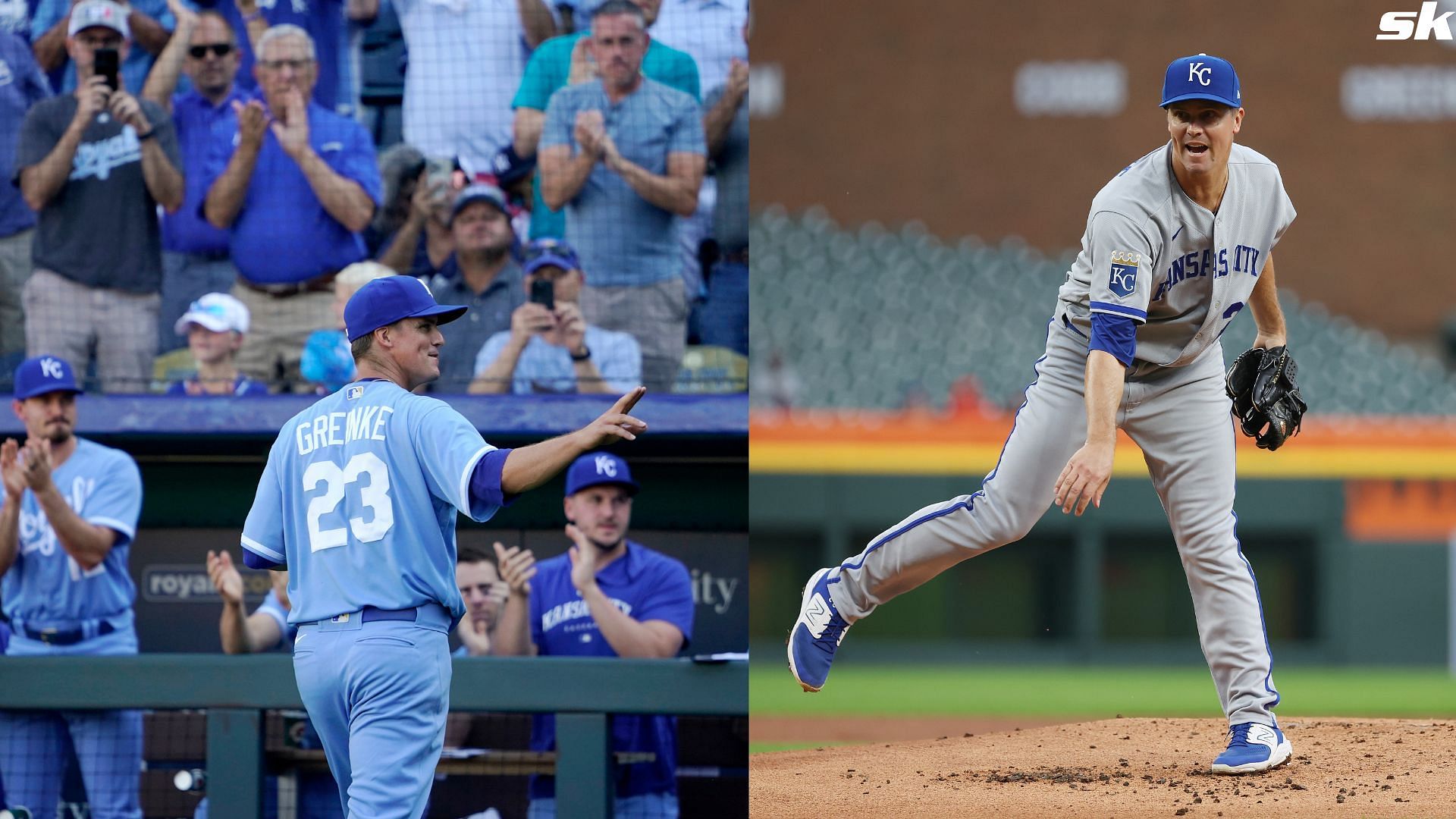 Zack Greinke of the Kansas City Royals waves to the crowd as he leaves the game after pitching against the New York Yankees