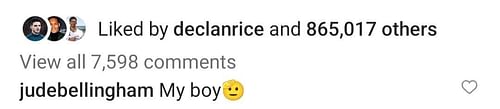 Jude Bellingham reacting to Trent Alexander-Arnold's Instagram post