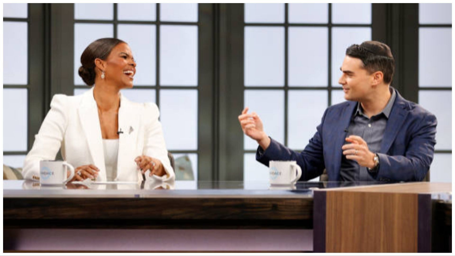 Ben Shapiro and Candace Owens on set during a taping of &quot;Candace&quot; Image via Getty