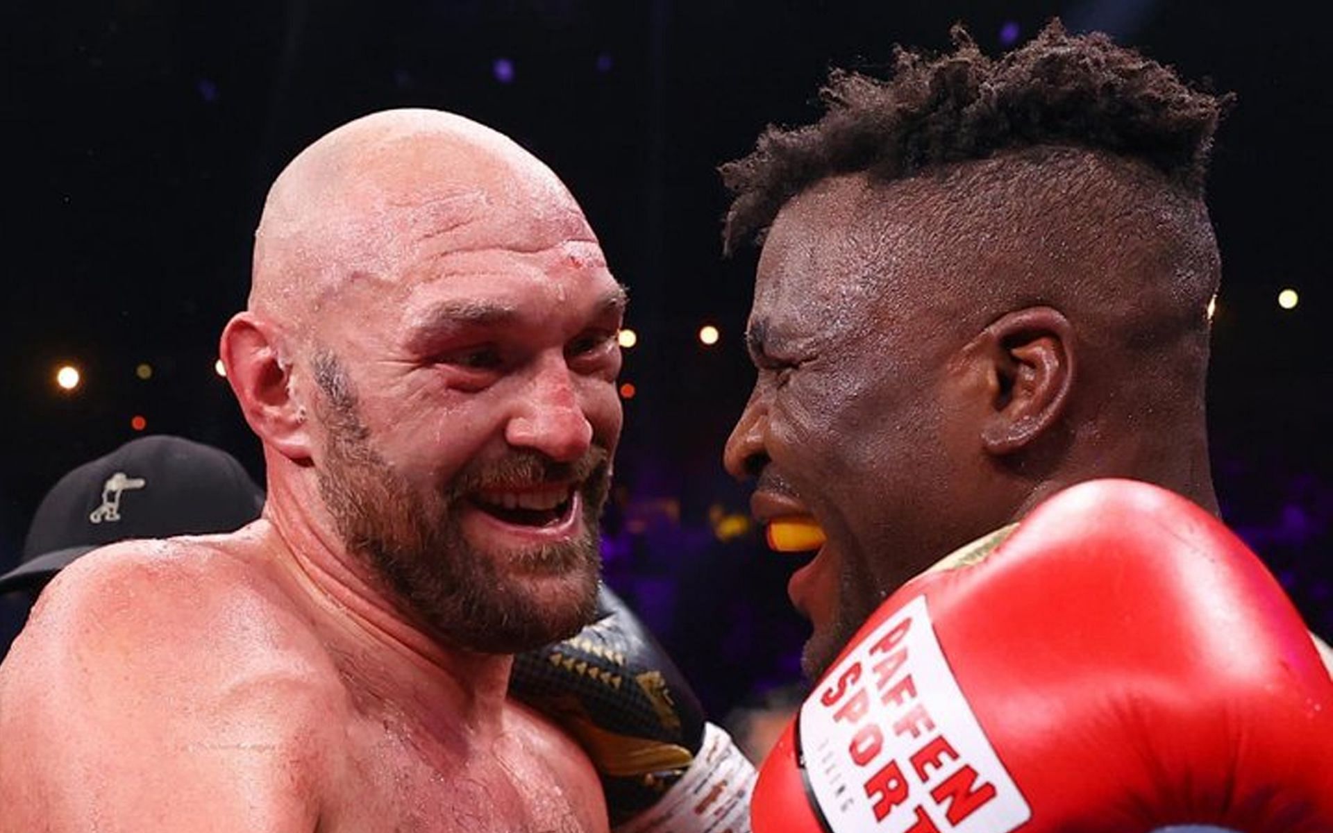 Tyson Fury (left) and Francis Ngannou (right) after their fight (Image via @Randy_Couture X)