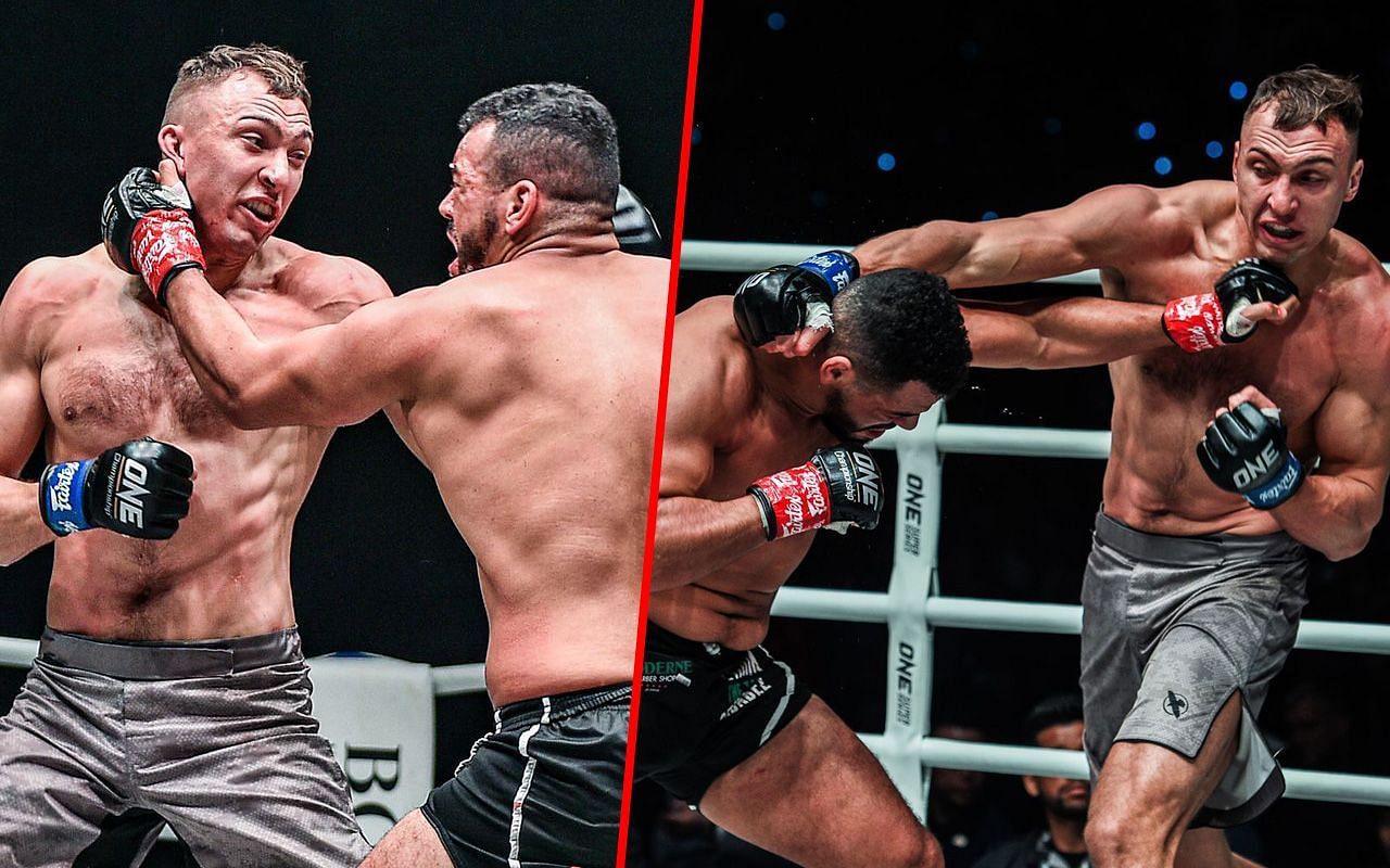 Roman Kryklia fighting Tarik Khbabez (photos left and right) | Image credit: ONE Championship