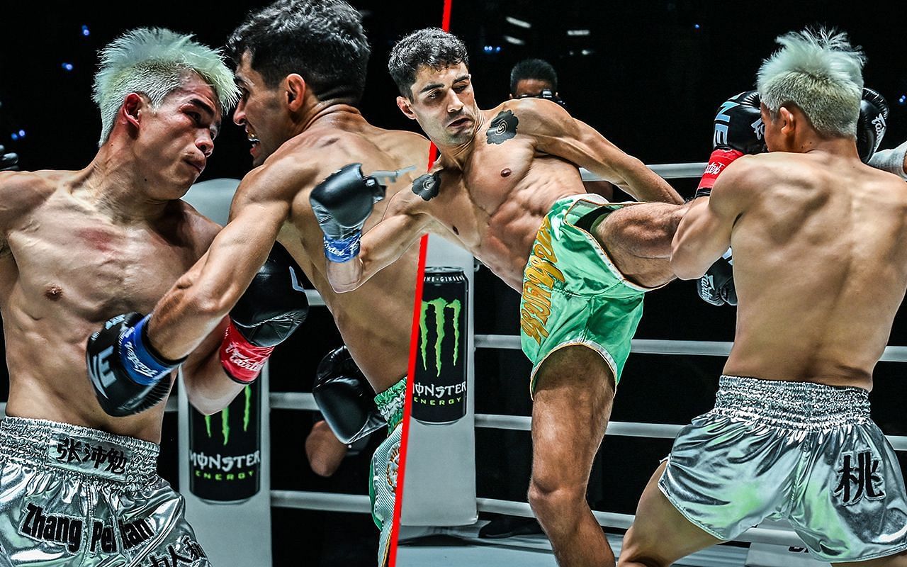 Zhang Peimian (left) and Peimian recieved a kick from Rui Botelho (right) | Image credit: ONE Championship
