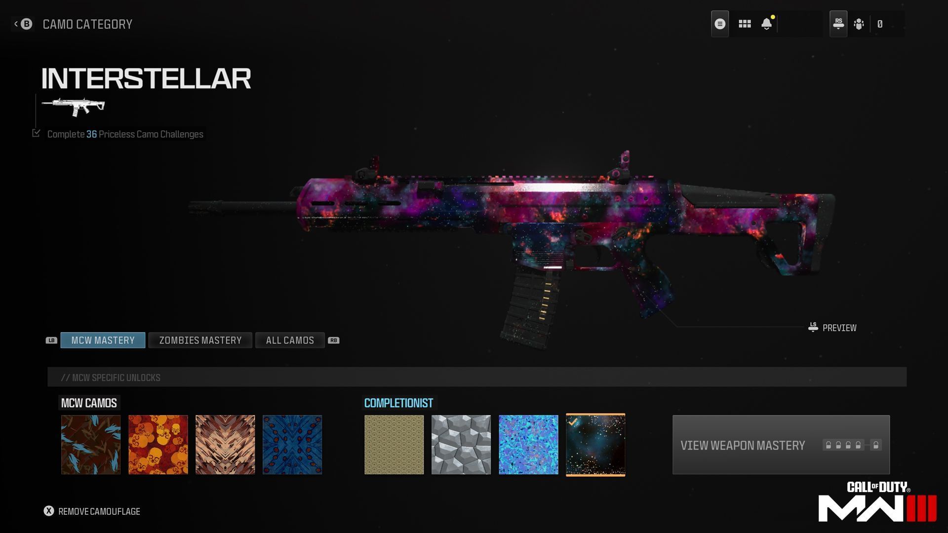 Interstellar Mastery camo in MW3 (Image via Activision)