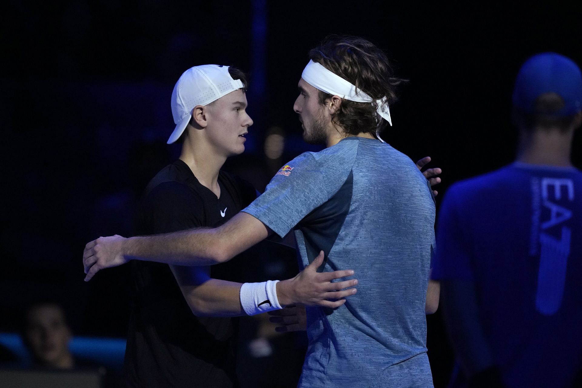 Holger Rune (L) and Stefanos Tsitsipas at the ATP Finals 2023