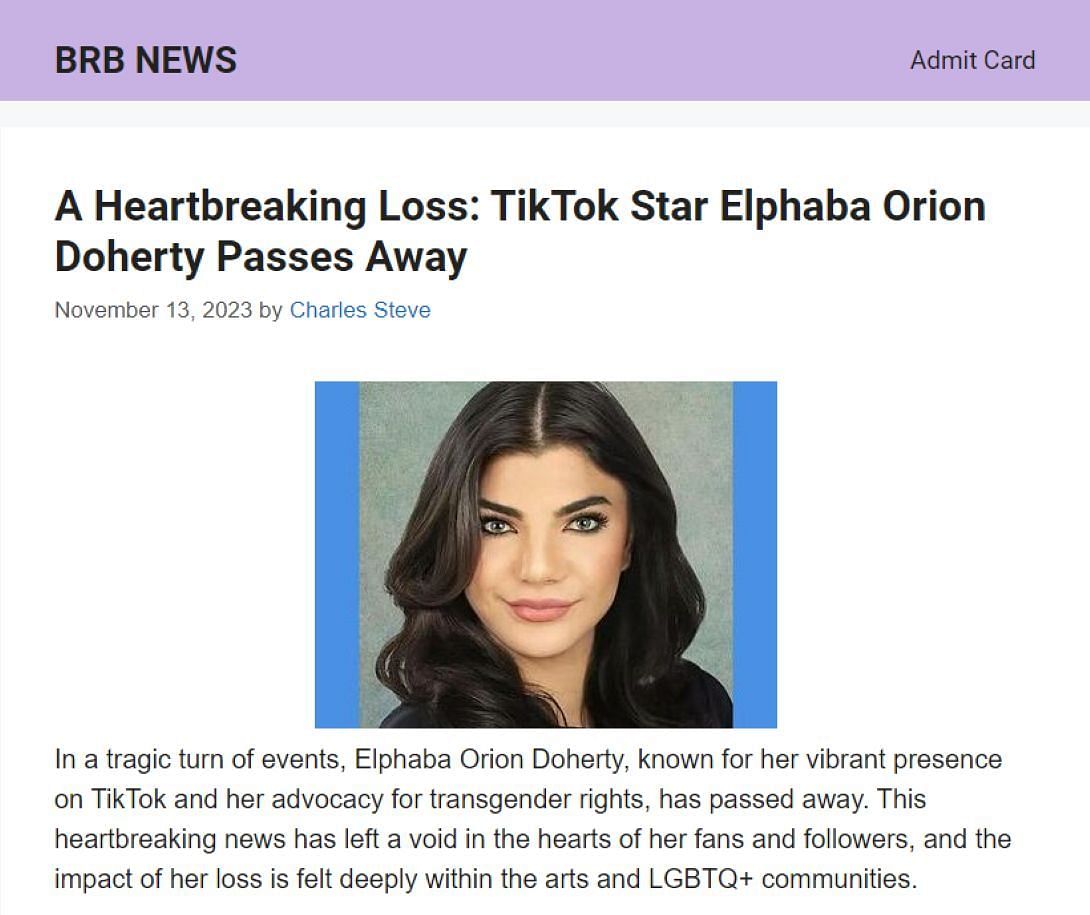 Website claims the TikToker passed away (Image via BRB News)