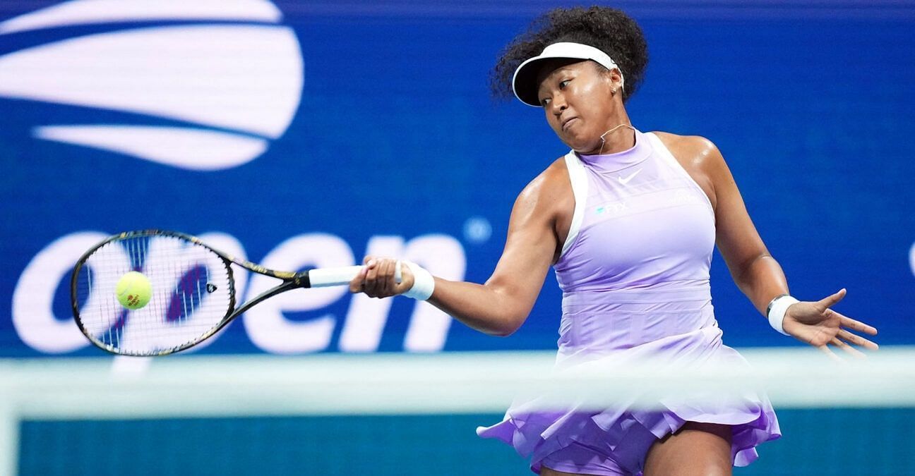 Naomi Osaka hits a forehand at the 2022 US Open