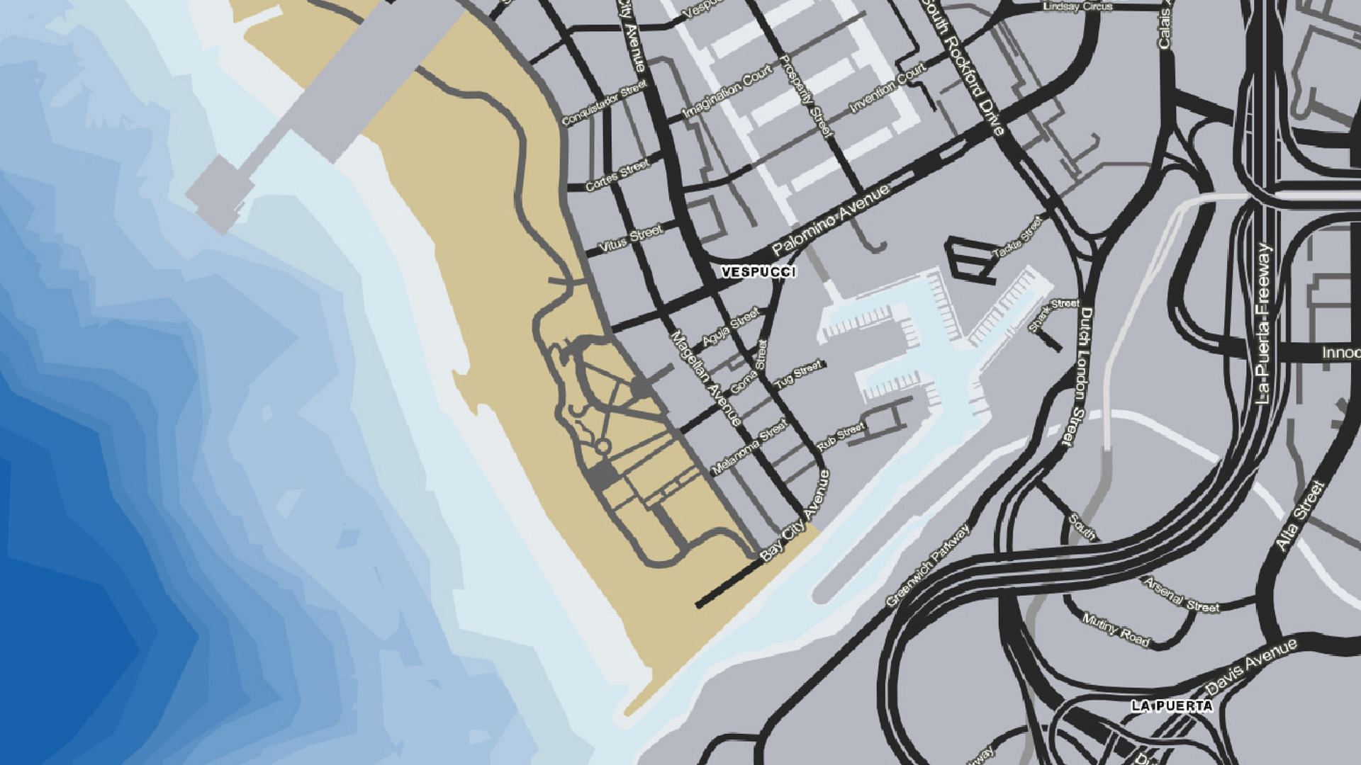 The Vespucci Beach area in Grand Theft Auto Online (Image via Sportskeeda)