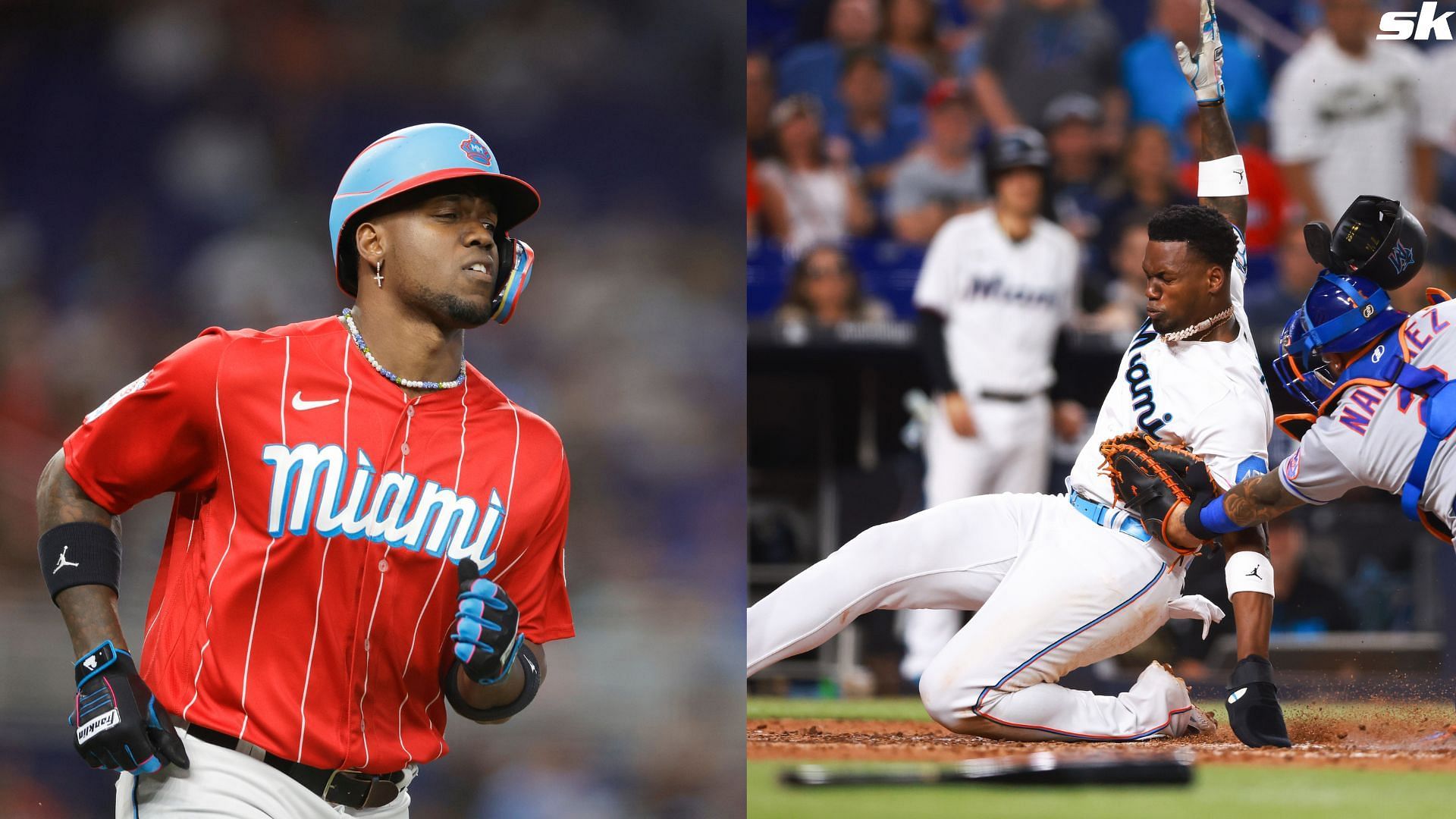 Jorge Soler of the Miami Marlins singles during the third inning against the Milwaukee Brewers at LoanDepot Park