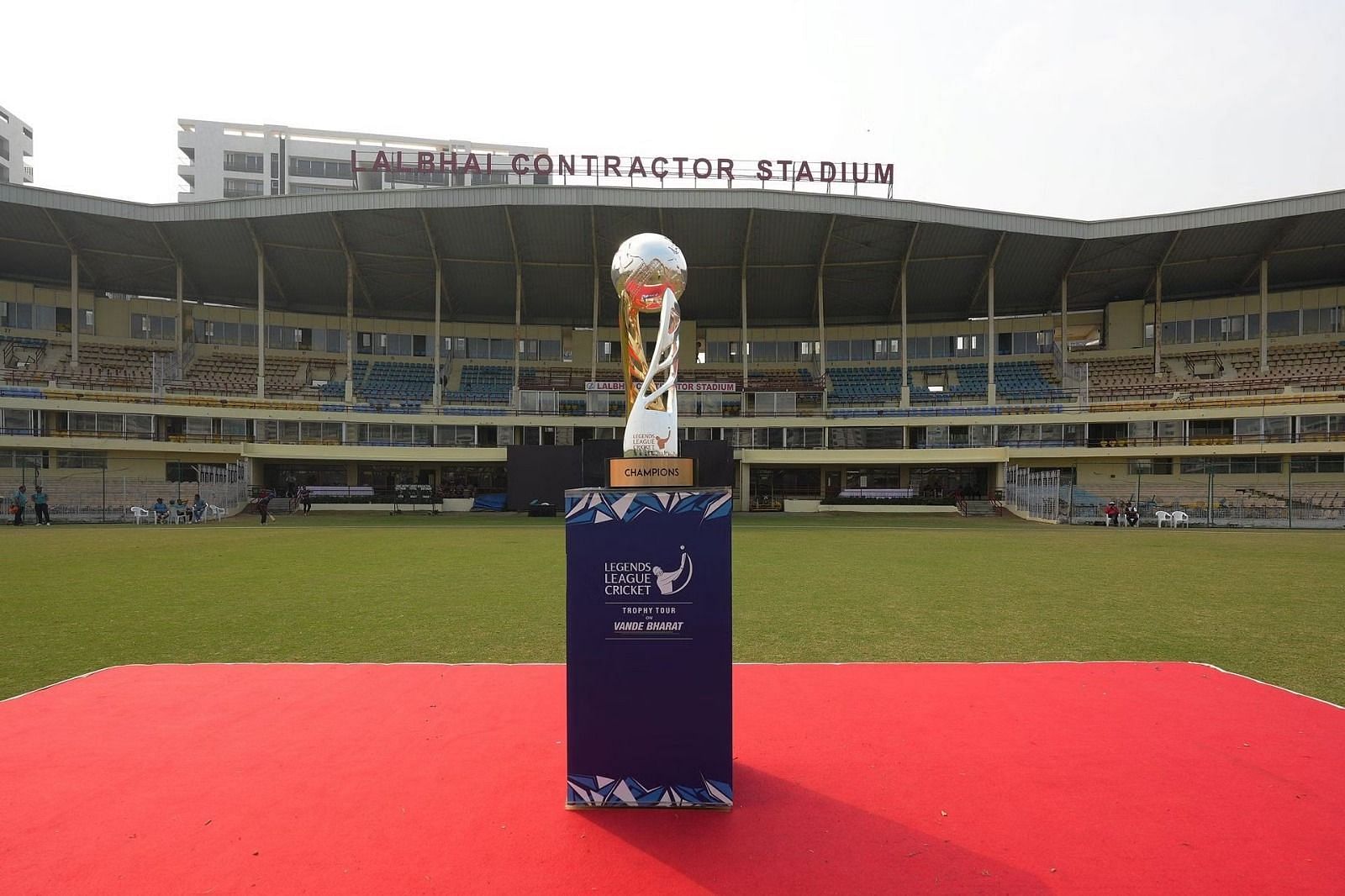 Legends League Cricket 2023 Trophy at Lalabhai Contractor Stadium in Surat (credits: X / llcT20)
