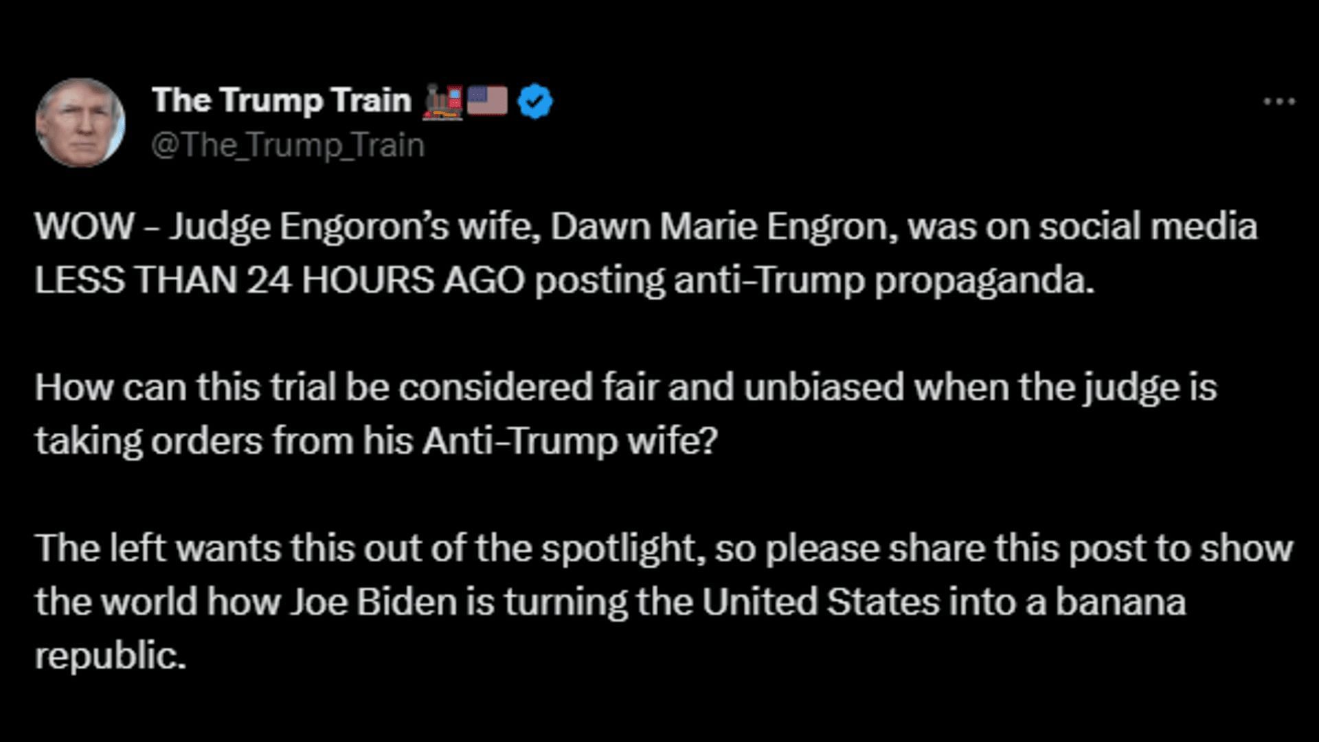 A netizen slams Judge Arthur and his wife for anti-Trump propaganda. (Image via X/The_Trump_Train)