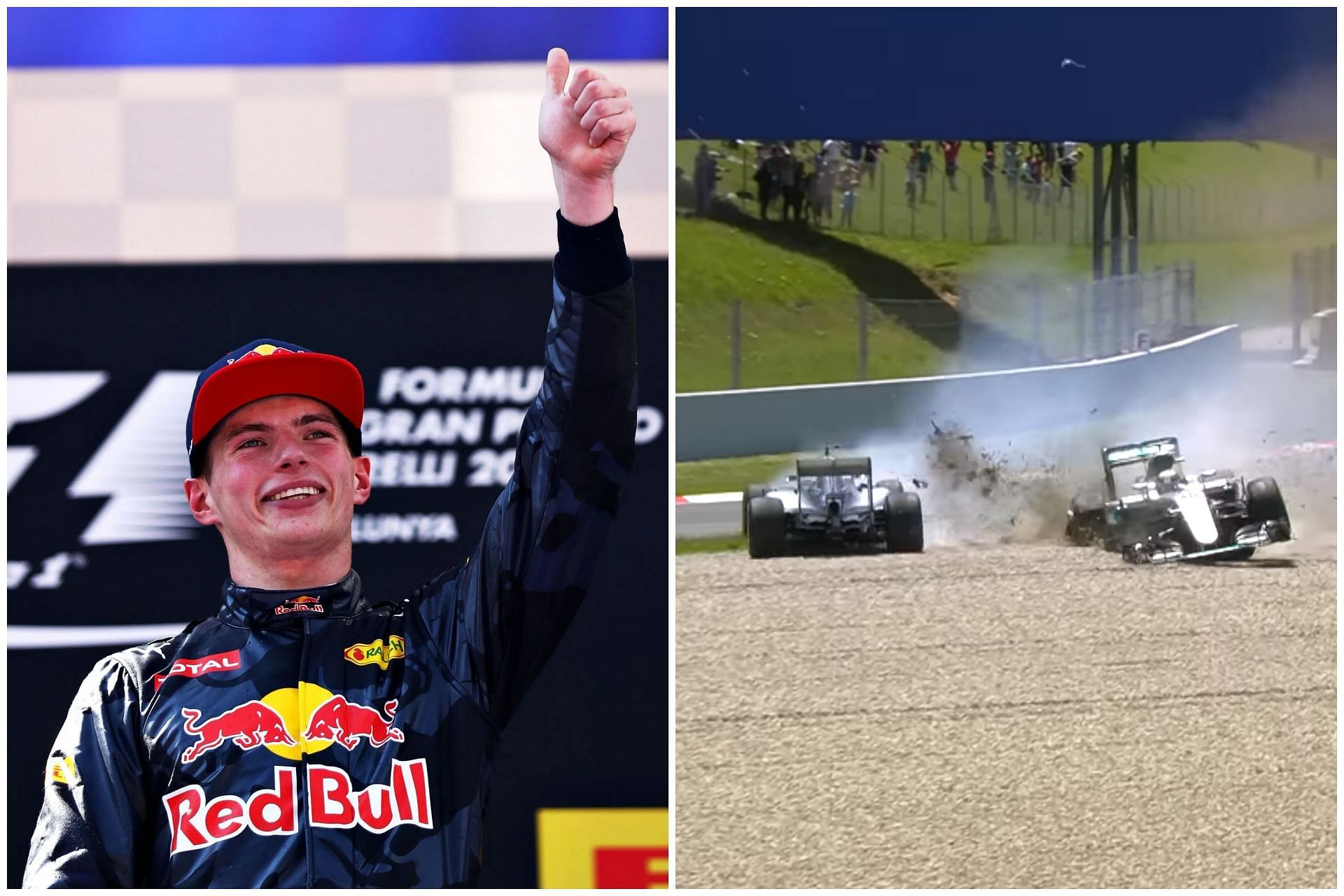 Max Verstappen won his first race in F1 after both Mercedes cars crashed into each other in the 2016 F1 Spanish Grand Prix (Collage via Sportskeeda)