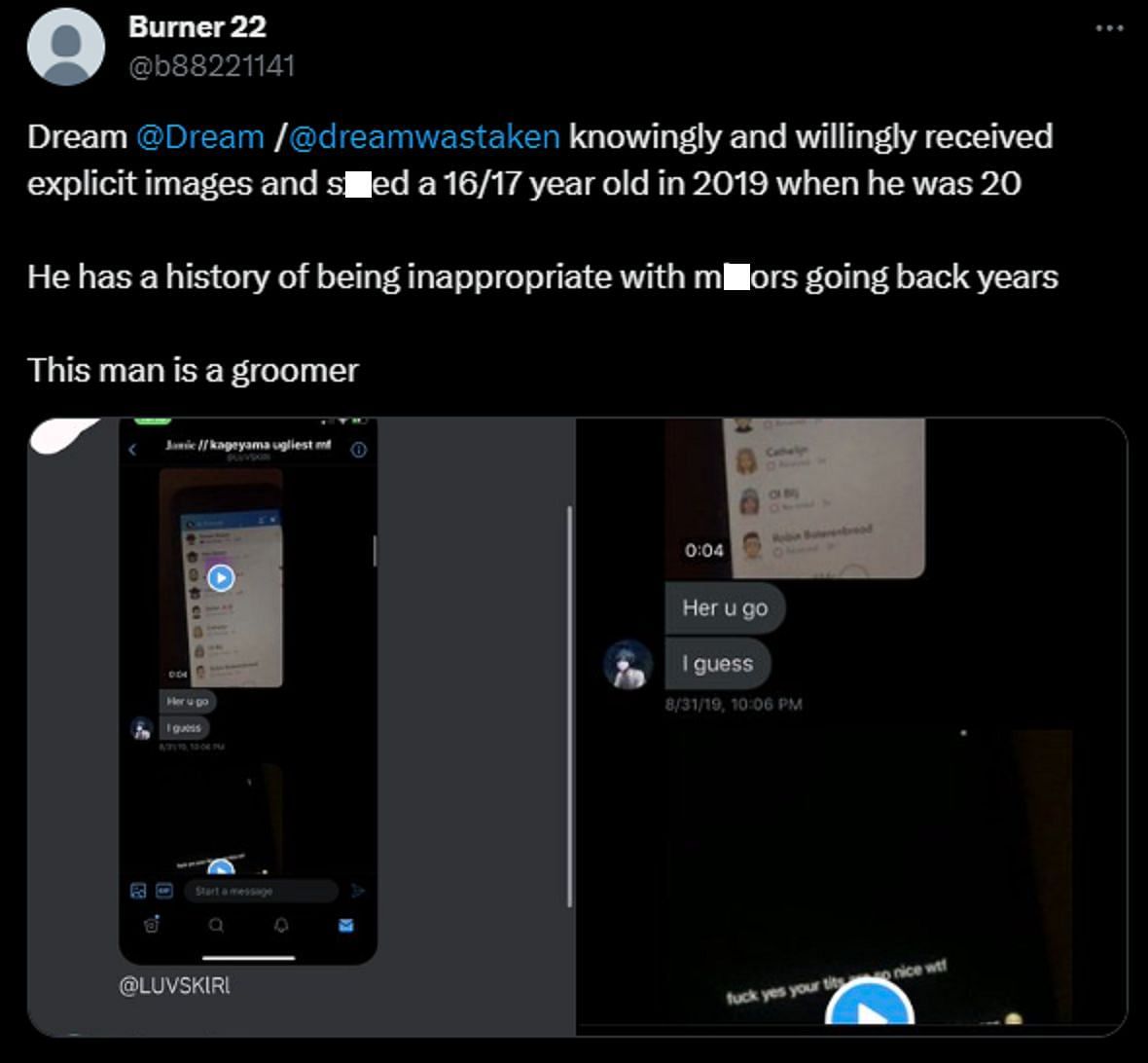 The burner account accuses the streamer of sending inappropriate messages (Image via X/@b88221141)
