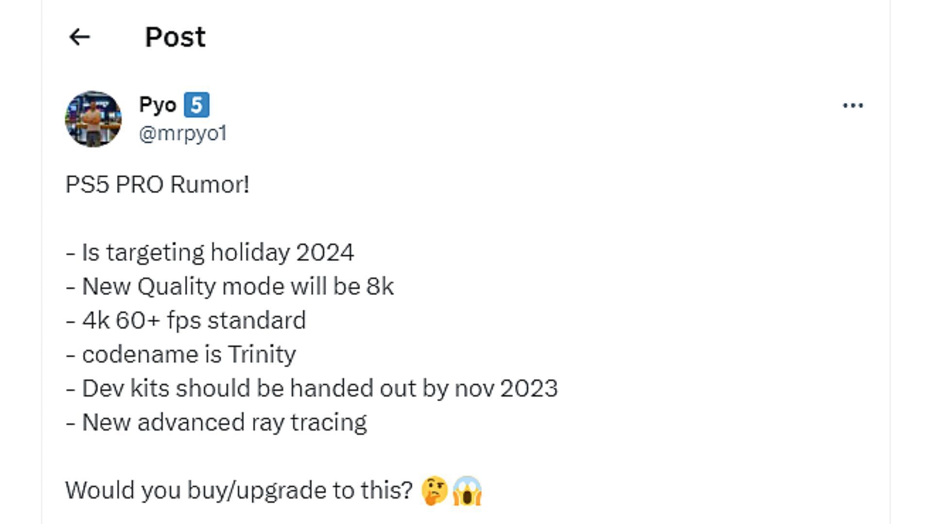 The rumored PS5 Pro might potentially be released in Holiday 2024 (Image via X/@mrpyo1)