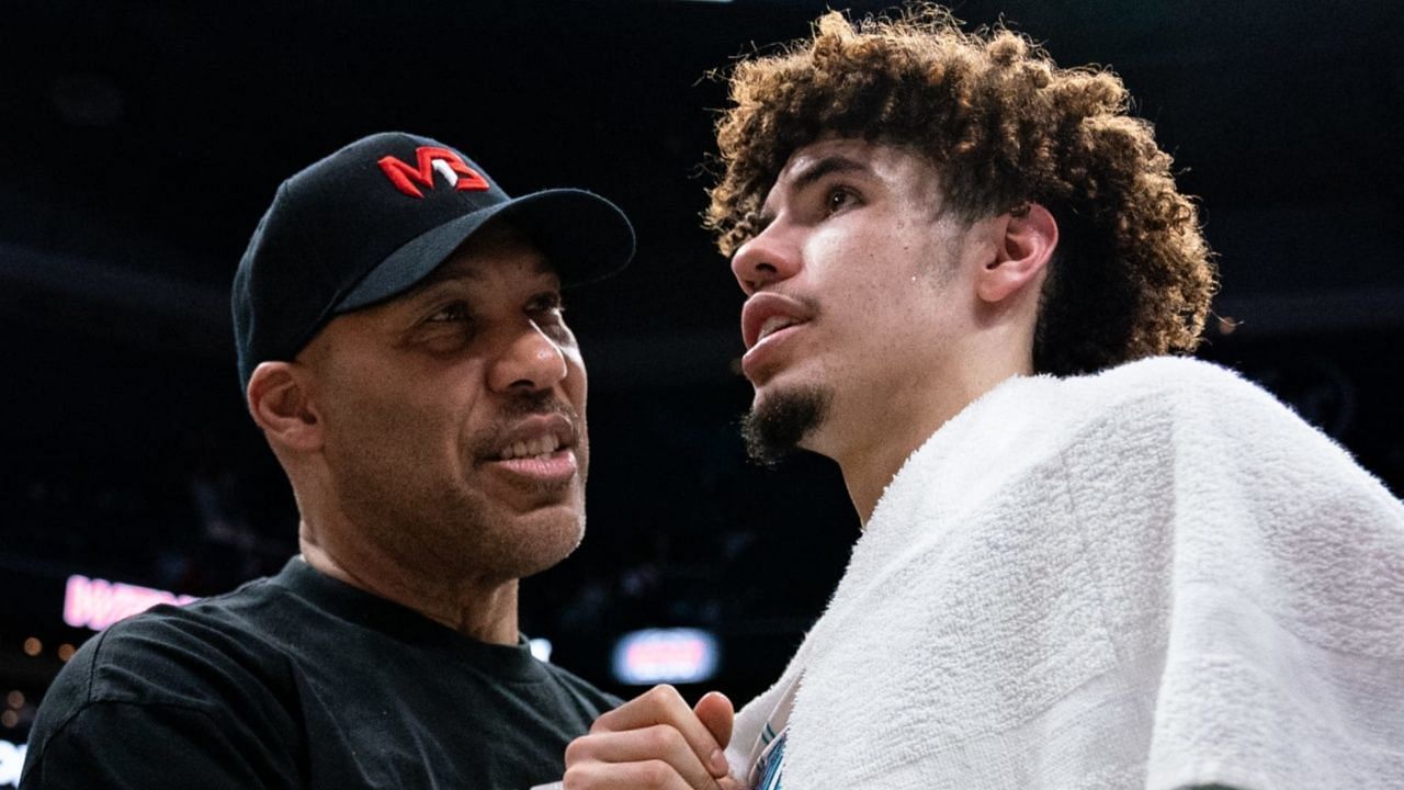 LaVar Ball with his son LaMelo Ball of the Charlotte Hornets