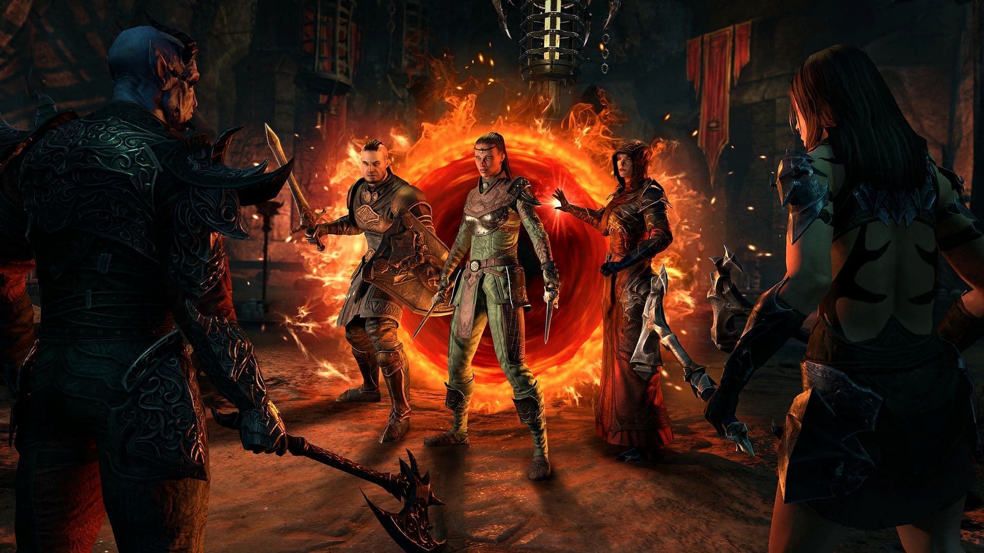 Players battling enemies in The Elder Scrolls Online while standing in front of a portal
