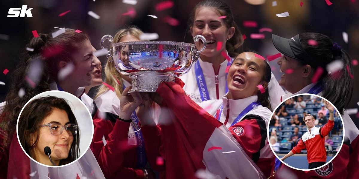 Bianca Andreescu (L-inset), Denis Shapovalov (R-inset), and Leylah Fernandez &amp; team celebrates BJK Cup win