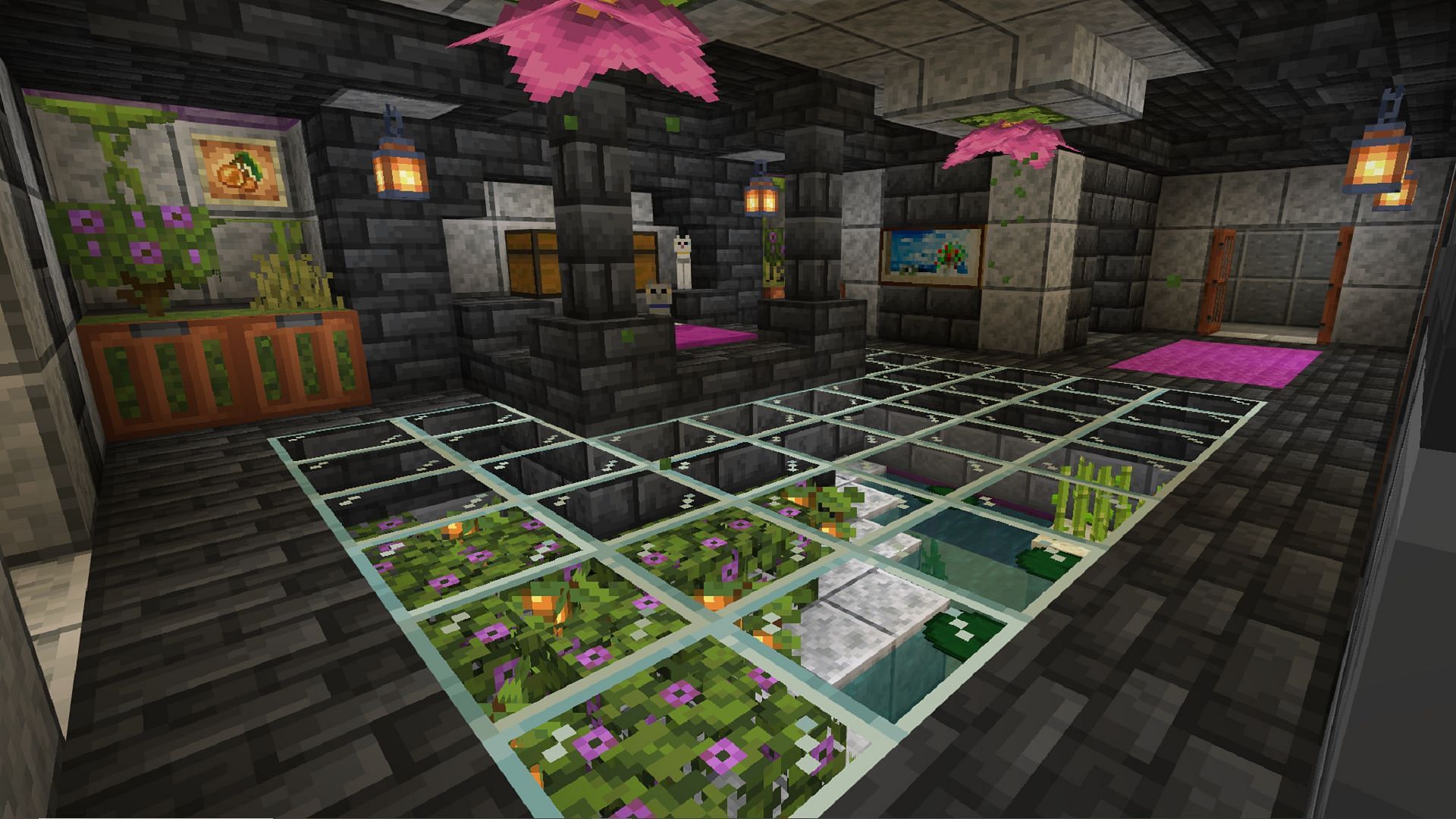 A pop of color from pink flora goes a long way in this Minecraft bedroom (Image via Empy3/Reddit)