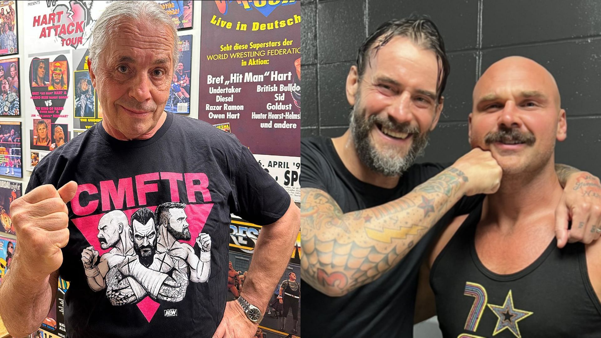 WWE Hall of Famer Bret Hart (left), CM Punk and Dax Harwood (right)