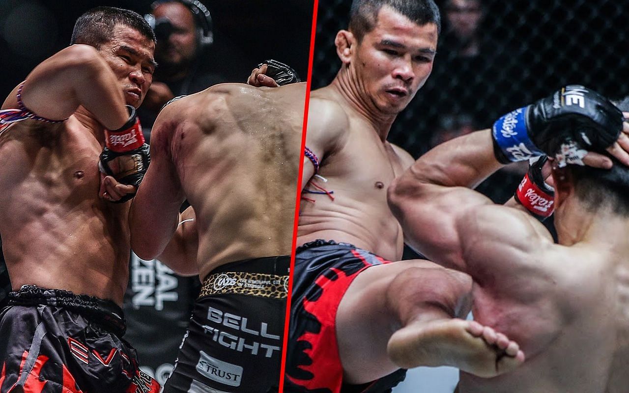 Nong-O Hama fighting Hiroaki Suzuki (photos left and right) | Image credit: ONE Championship