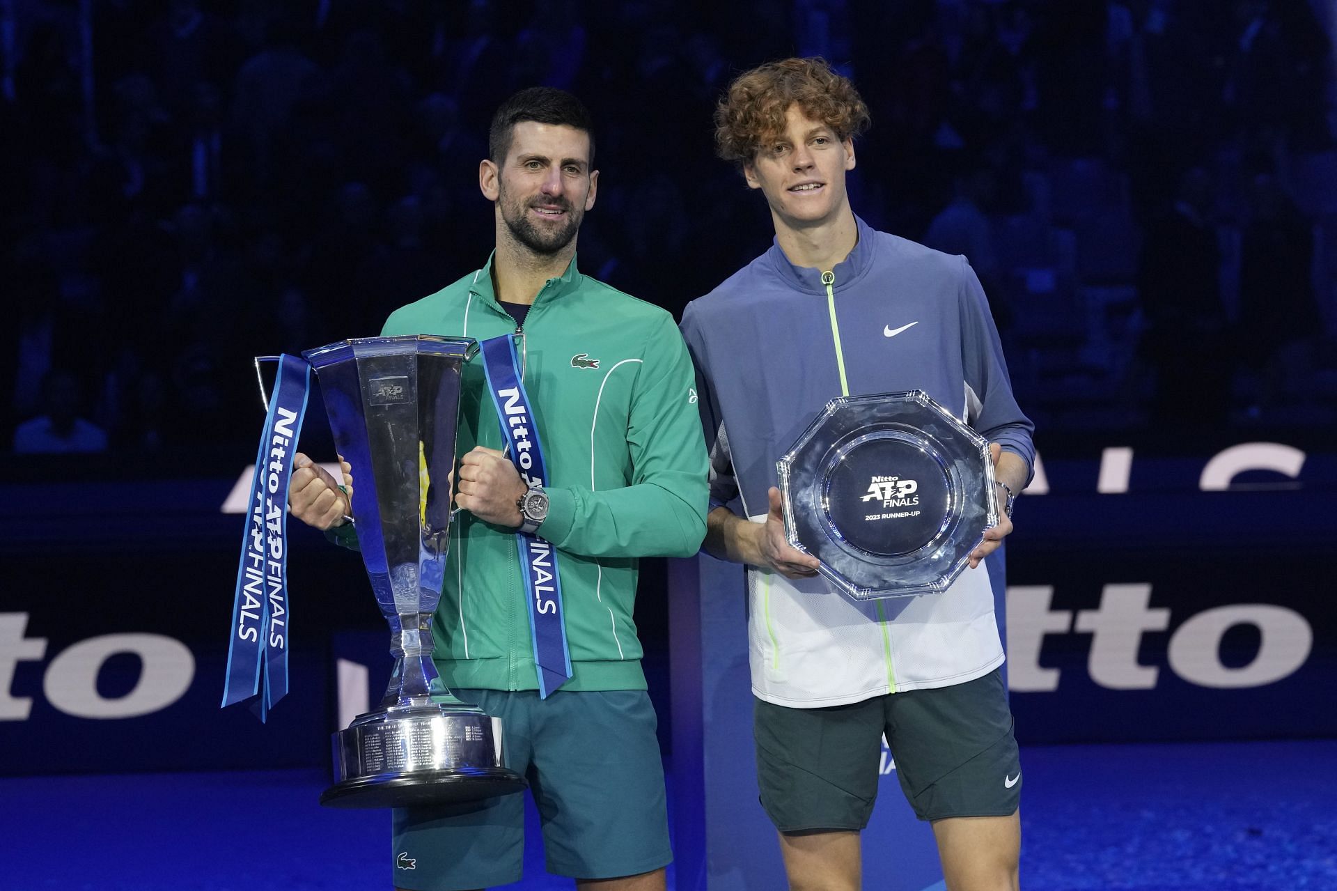 Jannik Sinner and Novak Djokovic at the 2023 ATP Finals in Turin