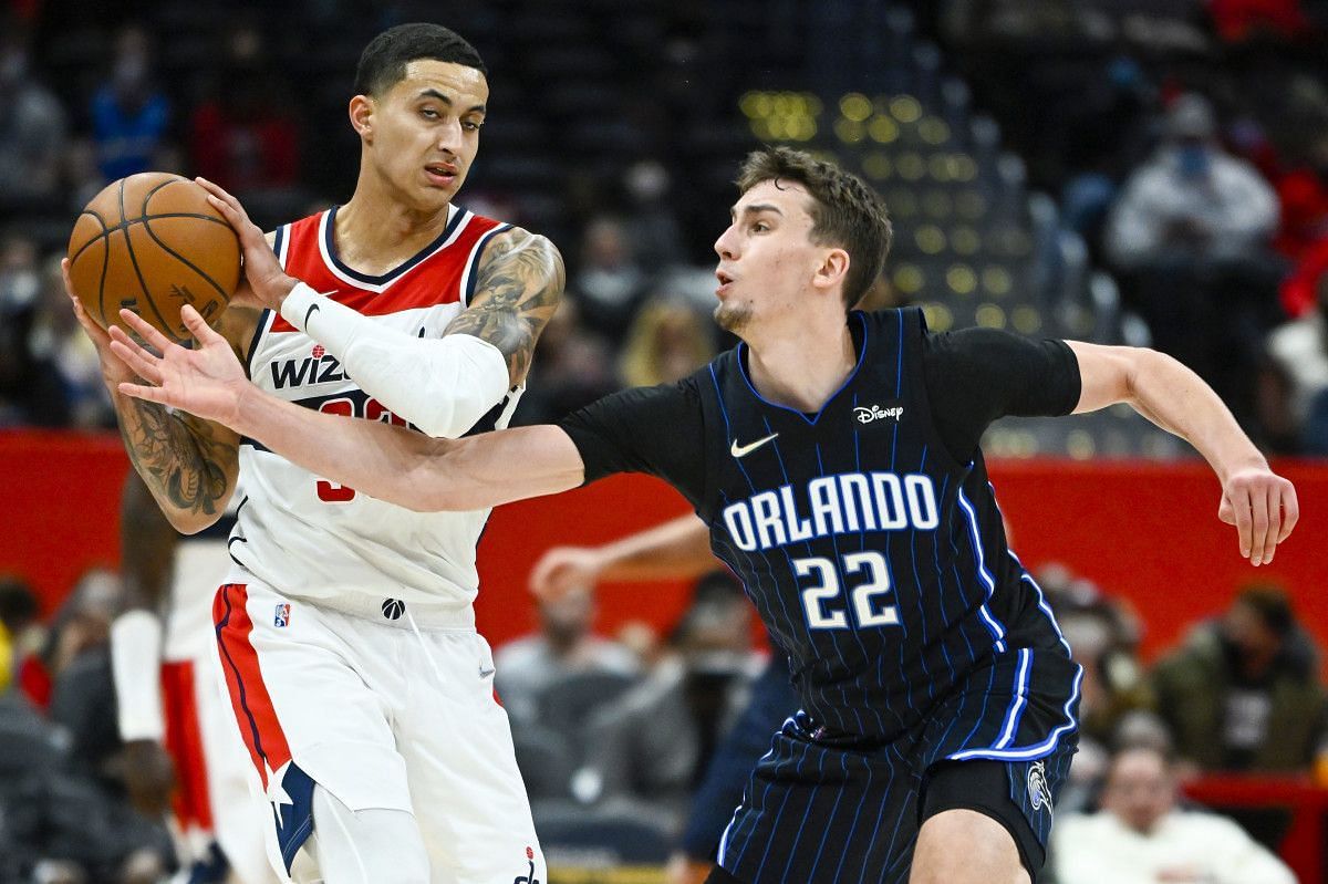 Kyle Kuzma of the Washington Wizards against Franz Wagner of the Orlando Magic