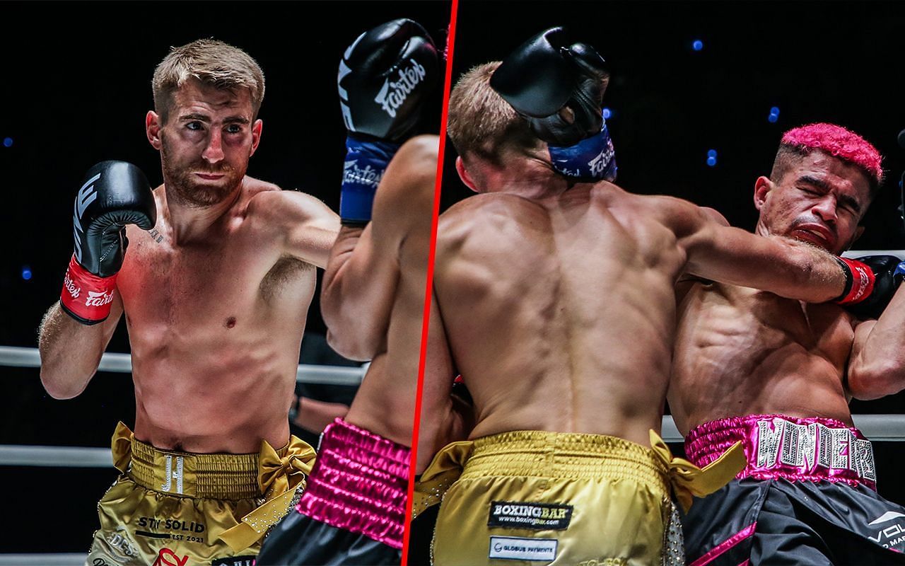 Jonathan Haggerty (left) and Haggerty fighting Fabricio Andrade (right) | Image credit: ONE Championship