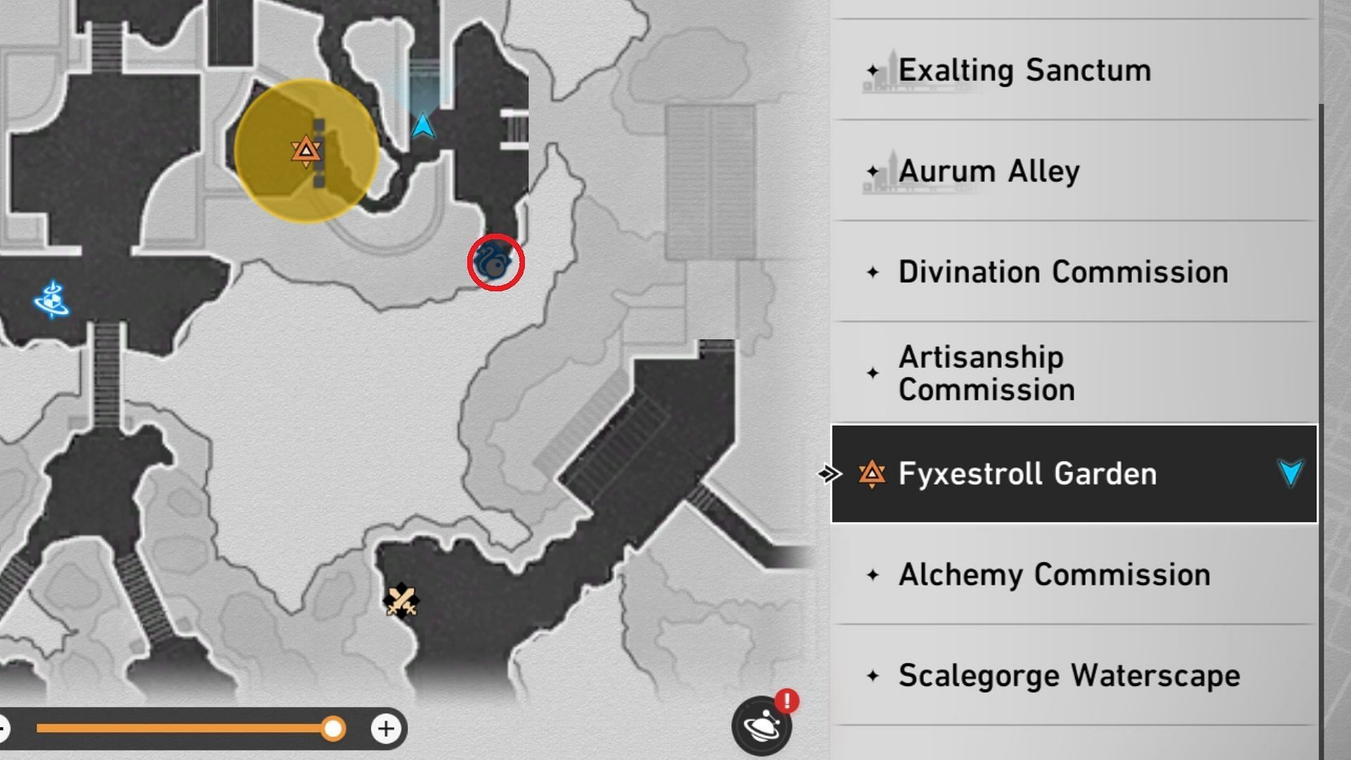 Red circle indicates the location of Path of Darkness Cavern of Corrosion (Image via HoYoverse)
